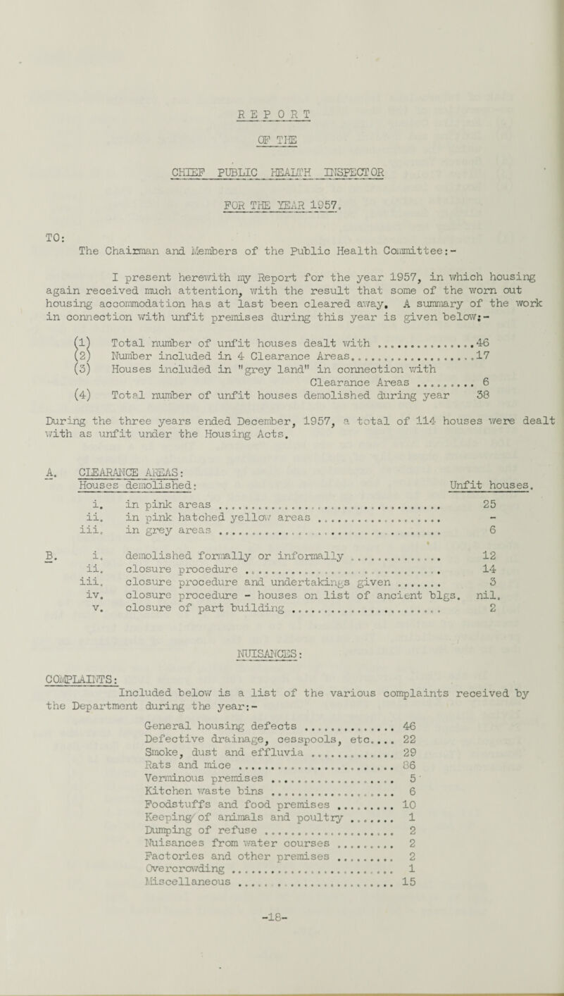 HEP QRT OF THE CHIEF PUBLIC HEALTH INSPECTOR FQH THE TEAR 1957. TO: The Chairman and Members of the Public Health Committee I present herewith my Report for the year 1957, in which housing again received much attention, with the result that some of the worn out housing accommodation has at last been cleared away. A summary of the work in connection with unfit premises during this year is given below;- (1) Total number of unfit houses dealt with ...............46 (2) Number included in 4 Clearance Areas.. . ...17 (3) Houses included in grey land in connection with Clearance Areas ......... 6 (4) Total number of unfit houses demolished during year 38 During the three years ended December, 1957, a total of 114 houses were dealt with as unfit under the Housing Acts. A. B. CLEARANCE AREAS: Houses demolished: Unfit houses. i. ii. iii. in pmk areas .cc............. .o... in pink hatched yellow areas ................... in grey areas.... ... 25 6 i. • demolished formally or informally .............. 12 ii. closure procedure ..... c ................., 14 iii. closure procedure and undertakings given .. i? 0 iv. closure procedure - houses on list of ancient bigs. nil. v. closure of part building... . O NUISANCES: COMPLAINTS: Included below is a list of the various complaints received by the Department during the year:- General housing defects .. Defective drainage, cesspools, etc.... Smoke, dust and effluvia .. Rats and mice ..... Verminous premises ...... .. Kitchen waste bins.. Foodstuffs and food premises . Keeping/of animals and poultry .. Dumping of refuse ..... Nuisances from water courses . Factories and other premises . Overcrowding .. Miscellaneous ..... . .. 46 22 29 86 5 6 10 1 2 2 2 1 15 -18-