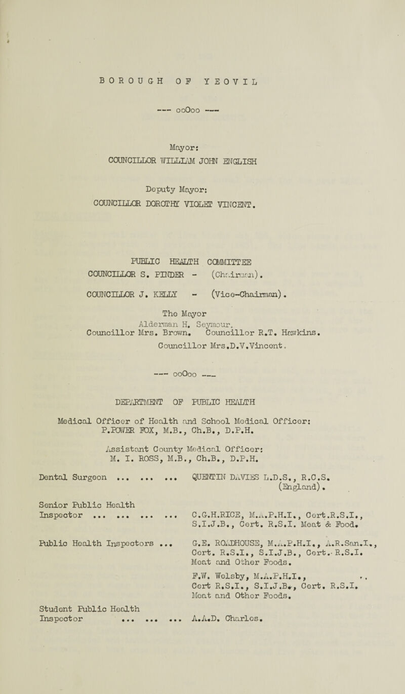 - ooOoo Mayor: COUNCILLOR WILLIAM JOHN ENGLISH Deputy Mayor: COUNCILLOR DOROTHY VIOLET VINCENT. PUBLIC HEALTH COMMITTEE COUNCILLOR S. PINDER - (Chairman). COUNCILLOR J. KELLY - (Vice-Chairman). The Mayor Alderman H. Seymour. Councillor Mrs. Brown. Councillor R.T. Hawkins. Councillor Mrs.D.V.Vincent „ - ooOoo - DEPARTMENT OP PUBLIC HEALTH Medical Officer of Health and School Medical Officer: P.POWER POX, M.B., Ch.B., D.P.H. Assistant County Medical Officer: M. I. ROSS, M.B., Ch.B., D.P.H. Dental Surgeon . Senior Public Health Inspector ... ... ... ... Public Health Inspectors ... Student Public Health Inspector ... • • • • QUENTIN DiiVIES L.D.S., R.C.S. (England)• C.G-.H.RICE, M.A.P.H.I., Cert.R.S.I., S.I.J.B., Cert. R.S.I. Meat & Pood. G.E. ROADHOUSE, M.A.P.H.I., A.R.San.I Cert. R.S.I., S.I.J.B., Cert.-R.S.I, Meat and Other Poods. F.W. Welsby, M.A.P.H.I., Cert R.S.I., S.I.J.B.-, Cert. R.S.I. Meat and Other Poods. A.A.D, Charles.