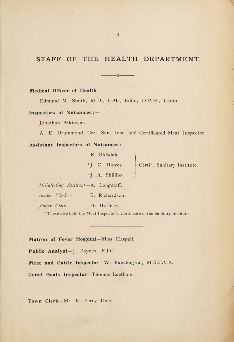 STAFF OF THE HEALTH DEPARTMENT. -o Medical Officer of Health— Edmund M. Smith, M.D., C.M., Edin., D.P.H., Camb. Inspectors of Nuisances: — Jonathan Atkinson. A. E. Drummond, Cert. San. Inst, and Certificated Meat Inspector. Assistant Inspectors of Nuisances:— E. Ridsdale *J. C. Dawes Certif, Sanitary Institute. *J. A. Shillito Disinfecting Assistant—A. Longstaff. Senior Clerk— E. Richardson. Junior Cleik— H. Hornsey. * These also hold the Meat Inspector’s Certificate of the Sanitary Institute. Matron of Fever Hospital—Miss Haspell. Public Analyst—J. Baynes, F.I.C. Meat and Cattle Inspector—W. Fawdington, M.R.C.V.S. Canal Boats Inspector—Thomas Leetham. Town Clerk—Mr. R. Percy Dale.