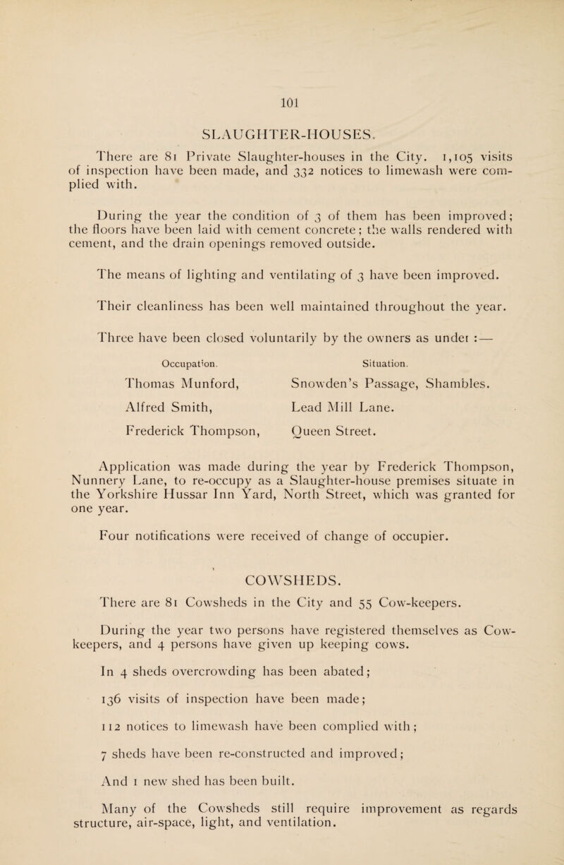 SLAUGHTER-HOUSES. There are 81 Private Slaughter-houses in the City. 1,105 visits of inspection have been made, and 332 notices to limewash were com¬ plied with. During the year the condition of 3 of them has been improved; the floors have been laid with cement concrete; the walls rendered with cement, and the drain openings removed outside. The means of lighting and ventilating of 3 have been improved. Their cleanliness has been well maintained throughout the year. Three have been closed voluntarily by the owners as under : — Occupation. Thomas Munford, Alfred Smith, Erederick Thompson, Situation. Snowden’s Passage, Shambles. Lead Mill Lane. Oueen Street. Application wras made during the year by Frederick Thompson, Nunnery Lane, to re-occupy as a Slaughter-house premises situate in the Yorkshire Hussar Inn Yard, North Street, which was granted for one year. Four notifications were received of change of occupier. COWSHEDS. There are 81 Cow-sheds in the City and 55 Cow-keepers. During the year two persons have registered themselves as Cow- keepers, and 4 persons have given up keeping cows. In 4 sheds overcrowding has been abated; 136 visits of inspection have been made; 112 notices to limewash have been complied with; 7 sheds have been re-constructed and improved; And 1 new shed has been built. Many of the Cowsheds still require improvement as regards structure, air-space, light, and ventilation.