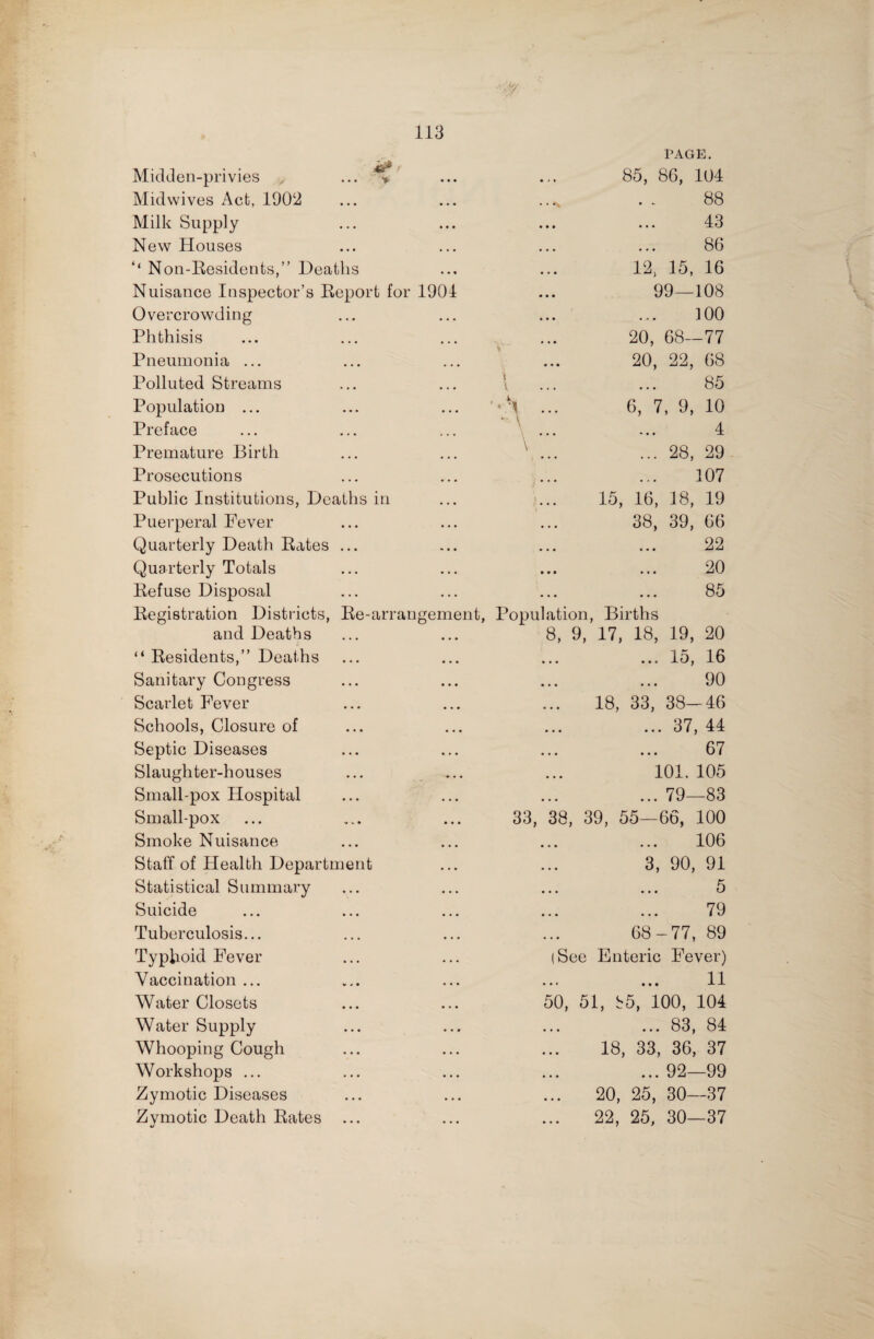 PAGE. Midden-privies M-f ... > 85, 86, 104 Midwives Act, 1902 • • • • • • * • • »• ^9 Milk Supply • • • ••• ••• ••• 43 New Houses • • • 86 ‘‘ Non-Residents,” Deaths 12, 15, 16 Nuisance Inspector’s Report for 1901 ... 99—108 Overcrowding • • • 100 Phthisis • • • 20, 68—77 Pneumonia ... ... 20, 22, 68 Polluted Streams • • • \ ... ... 85 Population ... • • • ... ... 6, 7, 9, 10 Preface • . • 4 ' ... ... 28, 29 Premature Birth ... Prosecutions . . . 107 Public Institutions, Deaths in 15, 16, 18, 19 Puerperal Fever • • • 38, 39, 66 Quarterly Death Rates • • • 22 Quarterly Totals • . • 20 Refuse Disposal . . . 85 Registration Districts, Re-arran gement, Population, Births and Deaths • • • 8, 9, 17, 18, 19, 20 “ Residents,” Deaths . . . ... ... ...1 o, 16 Sanitary Congress • • • 90 ... ... ... i/ Scarlet Fever • • * 18, 33, 38-46 Schools, Closure of • • • 87 44 ... ... ... U 1 , i Septic Diseases • • • 67 Slaughter-houses . . . 101. 105 Small-pox Hospital • • • ... 79—83 Small-pox M v • 33, 38, 39, 55—66, 100 Smoke Nuisance • • • 106 Staff of Health Department 3, 90, 91 Statistical Summary • • • 5 Suicide . . . 79 • •• • • • • » » 1 o Tuberculosis... ... 68-77, 89 Typhoid Fever • • • (See Enteric Fever) Vaccination ... V ■* • ... ... ... 11~ Water Closets • • • 50, 51, b5, 100, 104 Water Supply « * t ... 83, 84 Whooping Cough • • • 18, 33, 36, 37 Workshops ... • • • ... ... ... 92—99 Zymotic Diseases • • • 20, 25, 30—37 Zymotic Death Rates • . . 22, 25, 30—37