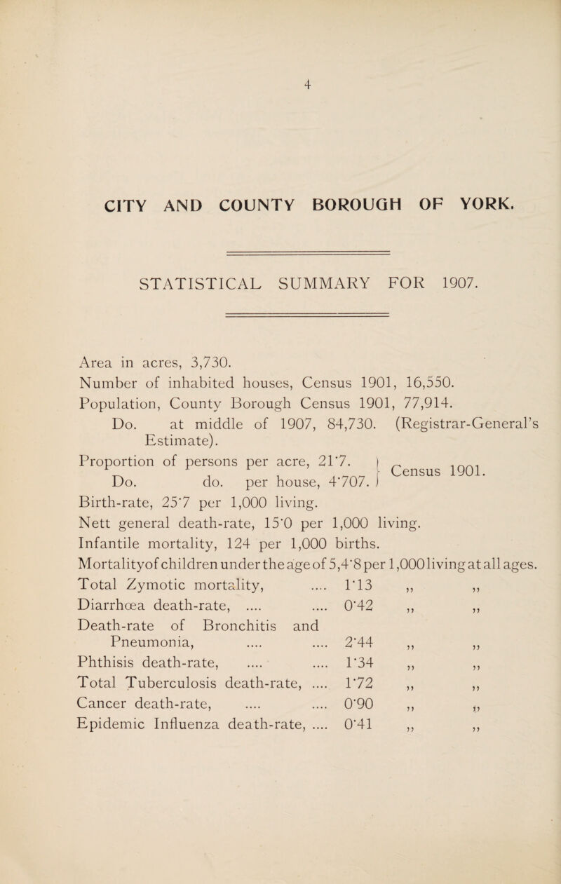 CITY AND COUNTY BOROUGH OF YORK. STATISTICAL SUMMARY FOR 1907. Area in acres, 3,730. Number of inhabited houses, Census 1901, 16,550. Population, County Borough Census 1901, 77,914. Do. at middle of 1907, 84,730. (Registrar-General’s Estimate). Proportion of persons per acre, 21*7. ) _ Do. do. per house, 4707. t Ce”SUS ‘90L Birth-rate, 25‘7 per 1,000 living. Nett general death-rate, 15*0 per 1,000 living. Infantile mortality, 124 per 1,000 births. Mortalityof children under theageof 5,4*8per 1,000 living at all ages. Total Zymotic mortality, .... 1'13 Diarrhoea death-rate, .... .... 0'42 Death-rate of Bronchitis and Pneumonia, .... .... 2*44 Phthisis death-rate, .... .... 1‘34 Total Tuberculosis death-rate, .... P72 Cancer death-rate, .... .... 0'90 Epidemic Influenza death-rate, .... 0*41 >> u n 11 n 11 11 11 ) j 71