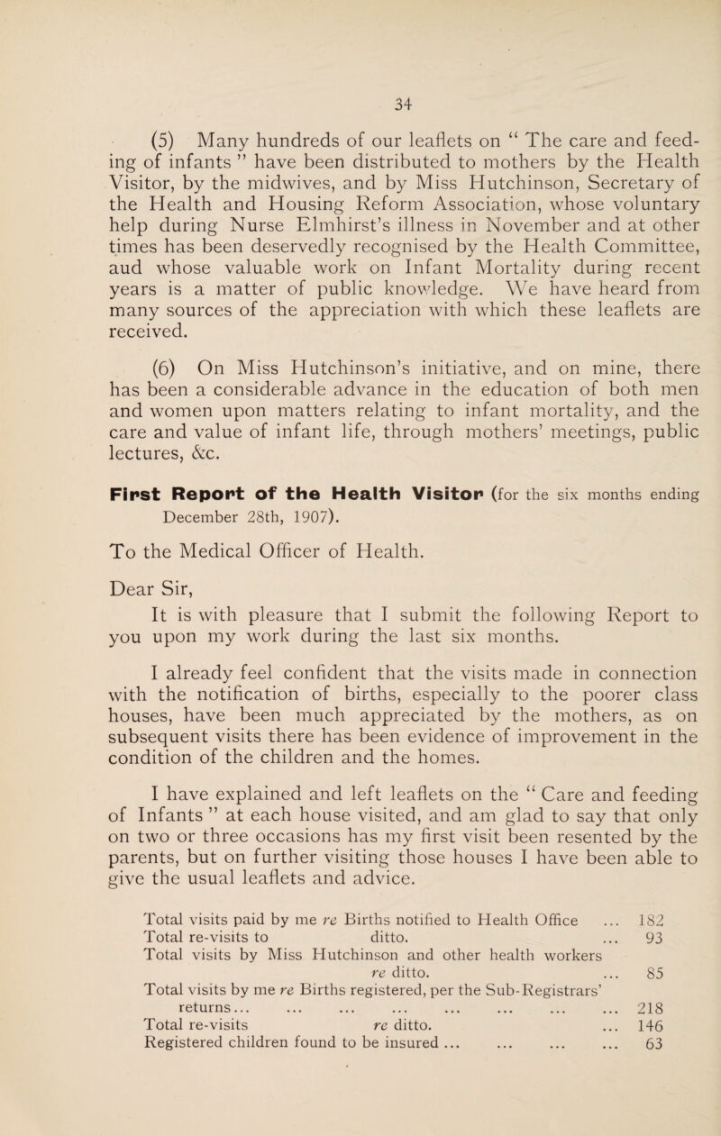 (5) Many hundreds of our leaflets on “ The care and feed¬ ing of infants ” have been distributed to mothers by the Health Visitor, by the midwives, and by Miss Hutchinson, Secretary of the Health and Housing Reform Association, whose voluntary help during Nurse Elmhirst’s illness in November and at other times has been deservedly recognised by the Health Committee, aud whose valuable work on Infant Mortality during recent years is a matter of public knowledge. We have heard from many sources of the appreciation with which these leaflets are received. (6) On Miss Hutchinson’s initiative, and on mine, there has been a considerable advance in the education of both men and women upon matters relating to infant mortality, and the care and value of infant life, through mothers’ meetings, public lectures, &c. First Report of the Health Visitor (for the six months ending December 28th, 1907). To the Medical Officer of Health. Dear Sir, It is with pleasure that I submit the following Report to you upon my work during the last six months. I already feel confident that the visits made in connection with the notification of births, especially to the poorer class houses, have been much appreciated by the mothers, as on subsequent visits there has been evidence of improvement in the condition of the children and the homes. I have explained and left leaflets on the “ Care and feeding of Infants ” at each house visited, and am glad to say that only on two or three occasions has my first visit been resented by the parents, but on further visiting those houses I have been able to give the usual leaflets and advice. Total visits paid by me re Births notified to Health Office ... 182 Total re-visits to ditto. ... 93 Total visits by Miss Hutchinson and other health workers re ditto. ... 85 Total visits by me re Births registered, per the Sub-Registrars’ returns... ... ... ... ... ... ... ... 218 Total re-visits re ditto. ... 146 Registered children found to be insured ... ... ... ... 63