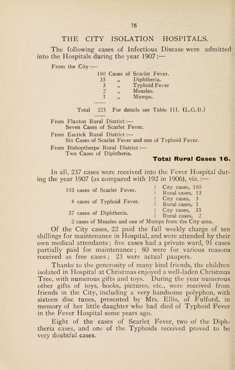 THE CITY ISOLATION HOSPITALS. The following cases of Infectious Disease were admitted into the Hospitals during the year 1907 :— From the City :— 180 Cases of Scarlet Fever. 35 ,, Diphtheria. 3 „ Typhoid Fever 2 ,, Measles. 1 „ Mumps. Total 221 For details see Table III. (L.G.B.) From Flaxton Rural District:— Seven Cases of Scarlet Fever. From Escrick Rural District:— Six Cases of Scarlet Fever and one of Typhoid Fever. From Bishopthorpe Rural District:— Two Cases of Diphtheria. Total Rural Cases 16. In all, 237 cases were received into the Fever Hospital dur¬ ing the year 1907 (as compared with 192 in 1906), viz.:— 193 cases of Scarlet Fever. 4 cases of Typhoid Fever. 37 cases of Diphtheria. City cases, 180 Rural cases, 13 City cases, 3 Rural cases, 1 City cases, 35 Rural cases, 2 2 cases of Measles and one of Mumps from the City area. Of the City cases, 22 paid the full weekly charge of ten shillings for maintenance in Hospital, and were attended by their own medical attendants; five cases had a private ward, 91 cases partially paid for maintenance; 80 were for various reasons received as free cases ; 23 were actual paupers. Thanks to the generosity of many kind friends, the children isolated in Hospital at Christmas enjoyed a well-laden Christmas Tree, with numerous gifts and toys. During the year numerous other gifts of toys, books, pictures, etc., were received from friends in the City, including a very handsome polyphon, with sixteen disc tunes, presented by Mrs. Ellis, of Fulford, in memory of her little daughter who had died of Typhoid Fever in the Fever Hospital some years ago. Eight of the cases of Scarlet Fever, two of the Diph¬ theria cases, and one of the Typhoids received proved to be very doubtful cases.