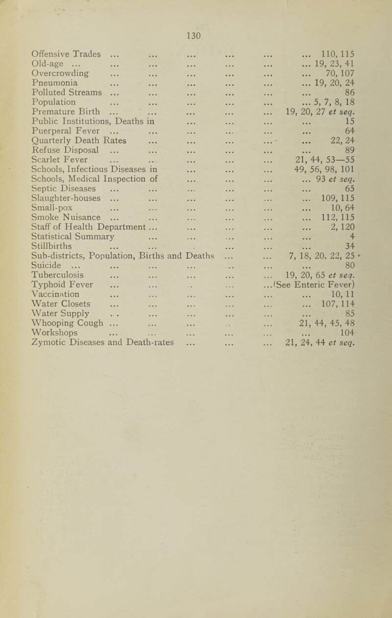 Offensive Trades ... ... 110,115 Old-age ... ...19,23,41 Overcrowding ... 70, 107 Pneumonia ... 19, 20, 24 Polluted Streams ... 86 Population ...5,7,8,18 Premature Birth ... 19, 20, 27 et seq. Public Institutions, Deaths in 15 Puerperal Fever 64 Quarterly Death Rates 22,24 Refuse Disposal 89 Scarlet Fever 21,44,53—55 Schools, Infectious Diseases in 49, 56, 98, 101 Schools, Medical Inspection of ... 93 et seq. Septic Diseases 65 Slaughter-houses ... ... 109,115 Small-pox 10,64 Smoke Nuisance ... ... 112,115 Staff of Health Department ... 2,120 Statistical Summary 4 Stillbirths 34 Sub-districts, Population, Births and Deaths 7, 18, 20. 22, 25 Suicide • • • 80 Tuberculosis ... 19, 20, 65 et seq. Typhoid Fever ...(See Enteric Fever) Vaccination ... 10,11 Water Closets . . , ... 107,114 Water Supply ... 85 Whooping Cough ... . . . 21,44,45,48 Workshops . . . 104 Zymotic Diseases and Death-rates . . . 21, 24, 44 et seq.