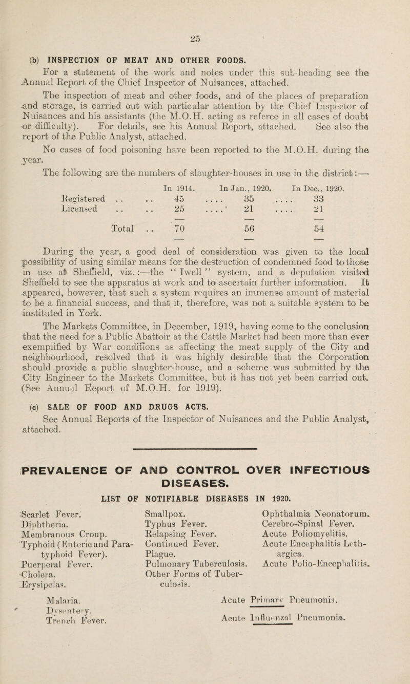 (b) INSPECTION OF MEAT AND OTHER FOODS. For a statement of the work and notes under this sub heading see the Annual Report of the Chief Inspector of Nuisances, attached. The inspection of meat and other foods, and of the places of preparation and storage, is carried out with particular attention by the Chief Inspector of Nuisances and his assistants (the M.O.H. acting as referee in all cases ol doubt or difficulty). For details, see his Annual Report, attached. See- also the report of the Public Analyst, attached. No cases of food poisoning have been reported, to- the M.O.H. during the year. The following are the numbers of slaughter-houses in use in the district: — In 1914. In Jan., 1920. In Dec., 1920. Registered . . 45 .... 85 .... 33 Licensed . . 25 21 .... 21 Total 70 56 54 During the year, a good deal of consideration was given to the local possibility of using similar means for the destruction of condemned food to those in use at Sheffield, viz. :—the “ Iwell ” system, and a deputation visited Sheffield to see the apparatus at work and to ascertain further information. It -appeared, however, that such a system requires an immense amount of material to be a financial success, and that it, therefore, was not a suitable system to be instituted in York. The Markets Committee, in December, 1919, having come to the conclusion that the need for a Public Abattoir at the Cattle Market had been more than ever exemplified by War conditions as affecting the meat supply of the City and neighbourhood, resolved that it was highly desirable that the Corporation ■should provide a public slaughter-house, and a scheme was submitted by the City Engineer to the Markets Committee, but it has not yet been carried out. (See Annual Report of M.O.H. for 1919). (c) SALE OF FOOD AND DRUGS ACTS. See Annual Reports of the Inspector of Nuisances and the Public Analyst, .attached. PREVALENCE OF AND CONTROL OVER INFECTIOUS DISEASES. LIST OF Scarlet Fever. Diphtheria. Membranous Croup. Typhoid ( Enteric and Para¬ typhoid Fever). Puerperal Fever. Cholera. .Erysipelas. M alaria. Dysentery. Trench Fever. NOTIFIABLE DISEASES Smallpox. Typhus Fever. Relapsing Fever. Continued Fever. Plague. Pulmonary Tuberculosis. Other Forms of Tuber¬ culosis. Acute IN 1920. Ophthalmia Neonatorum. Cerebro-Spinal Fever. Acute Poliomyelitis. Acute Encephalitis Leth- argica. Acute Polio-Encephalitis. Primarv Pneumonia. Acute Influenzal Pneumonia.