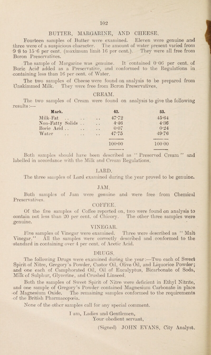 BUTTER, MARGARINE, AND CHEESE. Fourteen samples of Butter were examined. Eleven were genuine and three were of a suspicious character. The amount of water present varied from 9 '8 to 15 v6 per cent, (maximum limit 16 per cent.). They were all free from Boron Preservatives. The sample of Margarine wa.s genuine. It contained 0-06 per cent, of Boric Acid* added as a Preservative, and conformed to the Regulations in containing less than 16 per cent, of Water. The two samples of Cheese were found on analysis to be prepared from Unskimmed Milk. They were free from Boron Preservatives. CREAM. The two samples of Cream were found on analysis to give the following results:— Mark. 42. 53. Milk-Fat • • 47*72 45-64 Non-Fatty Solids . . • • 4-46 4-36 Boric Acid . . • « 0-07 0-24 Water • • 47-75 49-76 100-00 100 00 Both samples should have been described as “ Preserved Cream ’ ’ and labelled in accordance with the Milk and Cream Regulations. LARD. The three samples of Lard examined during the year proved to be genuine. JAM. Both samples of Jam were genuine and were free from Chemical Preservatives. COFFEE. Of the five samples of Coffee reported on, two were found on analysis to contain not less than 20 per cent, of Chicory. The other three samples were genuine. VINEGAR, Five samples of Vinegar were examined. Three were described as “ Malt Vinegar.” All the samples were correctly described and . conformed to the standard in containing over 4 per cent, of Acetic Acid. DRUGS. The following Drugs were examined during the year:—Two each of Sweet Spirit of Nitre, Gregory’s Powder, Castor Oil, Olive Oil, and liquorice Powder; and one each of Camphorated Oil, Oil of Eucalyptus, Bicarbonate of Soda, Milk of Sulphur, Glycerine, and Crushed Linseed. Both the samples of Sweet Spirit of Nitre were deficient in Ethyl Nitrite, and one sample of Gregory’s Powder contained Magnesium Carbonate in place of Magnesium Oxide. The remaining samples conformed to the requirements of the British Pharmacopoeia. None of the other samples call for any special comment, I am, Ladies and Gentlemen, Your obedient servant, (Signed) JOHN EVANS, City Analyst.