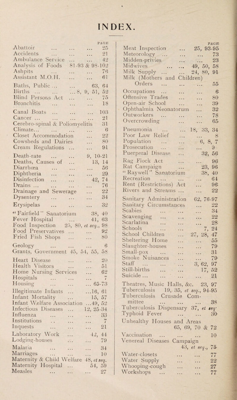 INDEX Abattoir PAGE ... 25 Accidents 21 Ambulance Service ... 42 Analysis of Foods 81-93 & 93-102 Ashpits 76 Assistant M.O.H. 61 Baths, Public ... 63, 64 Births ... ... ...8, 9, 51, 52 Blind Persons Act 75 Bronchitis 18 Canal Boats ... 103 Cancer ... 21 Cerebro-spinal & Poliomyelitis 31 Climate... 6 Closet Accommodation 22 Cowsheds and Dairies 80 Cream Regulations .., 91 Death-rate 9, 10-21 Deaths, Causes of 13, 14 Diarrhoea 56 Diphtheria 29 Disinfection 42, 74 Drains ... 76 Drainage and Sewerage 22 Dysentery 34 Erysipelas 32 “ Fairfield ” Sanatorium 38, 40 Fever Hospital 41, 63 Food Inspection 25, 80, et seq., 98 Food Preservatives ... 92 • • • f- Fried Fish Shops 80 Geology 6 Grants, Government 95, 54, 55, 58 Heart Disease 20 Health Visitors 51 Home Nursing Services 62 Hospitals p-* ! Housing ... 65-73 Illegitimate Infants ... ...16, 61 Infant Mortality 15, 57 Infant Welfare Association ...49, 52 Infectious Diseases ... 12, 25-34 Influenza 33 Institutions hr t Inquests 21 Laboratory Work 42, 44 Lodging-houses 79 Malaria 34 Marriages 10 Maternity & Child Welfare 48, et seq. Maternity Hospital ... 51, 59 Measles 27 Meat Inspection PAG® 25,. 93-95 Meteorology • • • 73 Midden-privies * * • 23 Mid wives . 49, 50, 58 Milk Supply ... 24, 80, 91 Milk (Mothers and Children) Orders 55 Occupations • • • 6 Offensive Trades • • • 80 Open-air School • • • 39 Ophthalmia Neonatorum ... 32 Outworkers ... 78 Overcrowding • . • 65 Pneumonia CO CO 00 r-H 34 Poor Lawr Relief 8 Population 05 00 v T Prosecution • • • 9 Puerperal Disease 32, 56 Rag Flock Act 96 Rat Campaign 23, 96 “Raywell” Sanatorium 38, 40 Recreation ... 64 Rent (Restrictions) Act • • • 96 Rivers and Streams ... 22 Sanitary Administration 62, 76-97 Sanitary Circumstances • • • 22 Scabies 34 Scavenging • • * 22 Scarlatina • • • 28 Schools *■7 7, 24 School Children 27, 28, 47 Sheltering Home 55 Slaughter-houses 79 Small-pox ... 31 Smoke Nuisances ... 79- Staff 3, 62, 97 Still-births 17, 52 Suicide ... 21 Theatres, Music Halls, &c. 23, 97 Tuberculosis 19, 35, et seq., 94-95 Tuberculosis Crusade Com¬ mittee . 38 Tuberculosis Dispensary 37, et seq- Typhoid Fever ... ... 30- Unhealthy Houses and Areas 65, 69, 70 & 72 Vaccination ... ... ... 10 Venereal Diseases Campaign 43, et seq., 75 Water-closets • •• ••• J / Water Supply . 22 Whooping-cough . 27 Workshops . 77'