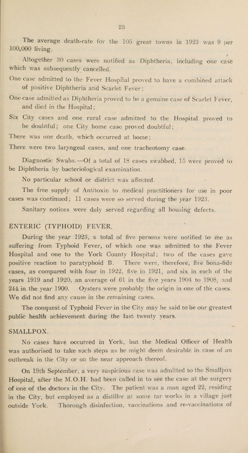The average death-rate for the 105 great towns in 1923 was 9 per 100,000 living. Altogether 30 cases were notified as Diphtheria, including one case which was subsequently cancelled. One case admitted to the Fever Hospital proved to have a combined attack of positive Diphtheria and Scarlet Fever; One case admitted as Diphtheria proved to be a genuine case of Scarlet Fever, and died in the Hospital; Six City cases and one rural case admitted to the Hospital proved to be doubtful; one City home case proved doubtful; There was one death, which occurred at home; There were two laryngeal cases, and one tracheotomy case. Diagnostic Swabs.—Of a total of 18 cases swabbed, 15 were proved to be Diphtheria by bacteriological examination. No particular school or district was affected. The free supply of Antitoxin to> medical practitioners for use in poor cases was continued; 11 cases were so served during the year 1923. Sanitary notices were duly served regarding all housing defects. ENTERIC (TYPHOID) FEVER. During the year 1923, a total of five persons were notified to me as suffering from Typhoid Fever, of which one was admitted to the Fever Hospital and one to' the York County Hospital; two* of the cases gave positive reaction to paratyphoid B. There were, therefore, five bona-fide cases, as compared with four in 1922, fiVe in 1921, and six in each of the years 1919 and 1920, an average of 61 in the five years 1904 to' 1908, and 244 in the year 1900. Oysters were probably the origin in one of the cases. We did not find any cause in the remaining cases. The conquest of Typhoid Fever in the City may be said tO' be our greatest public health achievement during the last twenty years. SMALLPOX. No cases have occurred in York, but the Medical Officer of Health was authorised to take such steps as he might deem desirable in . case of an outbreak in the City or on the near approach thereof. On 19th September, a very suspicious case was admitted to the Smallpox Hospital, after the M.O.H. had been called in to see the case at the surgery of one of the doctors in the City. The patient was a man aged 22, residing in the City, but employed as a distiller at some tar works in a village just outside York. Thorough disinfection, vaccinations and re-vaccinations of