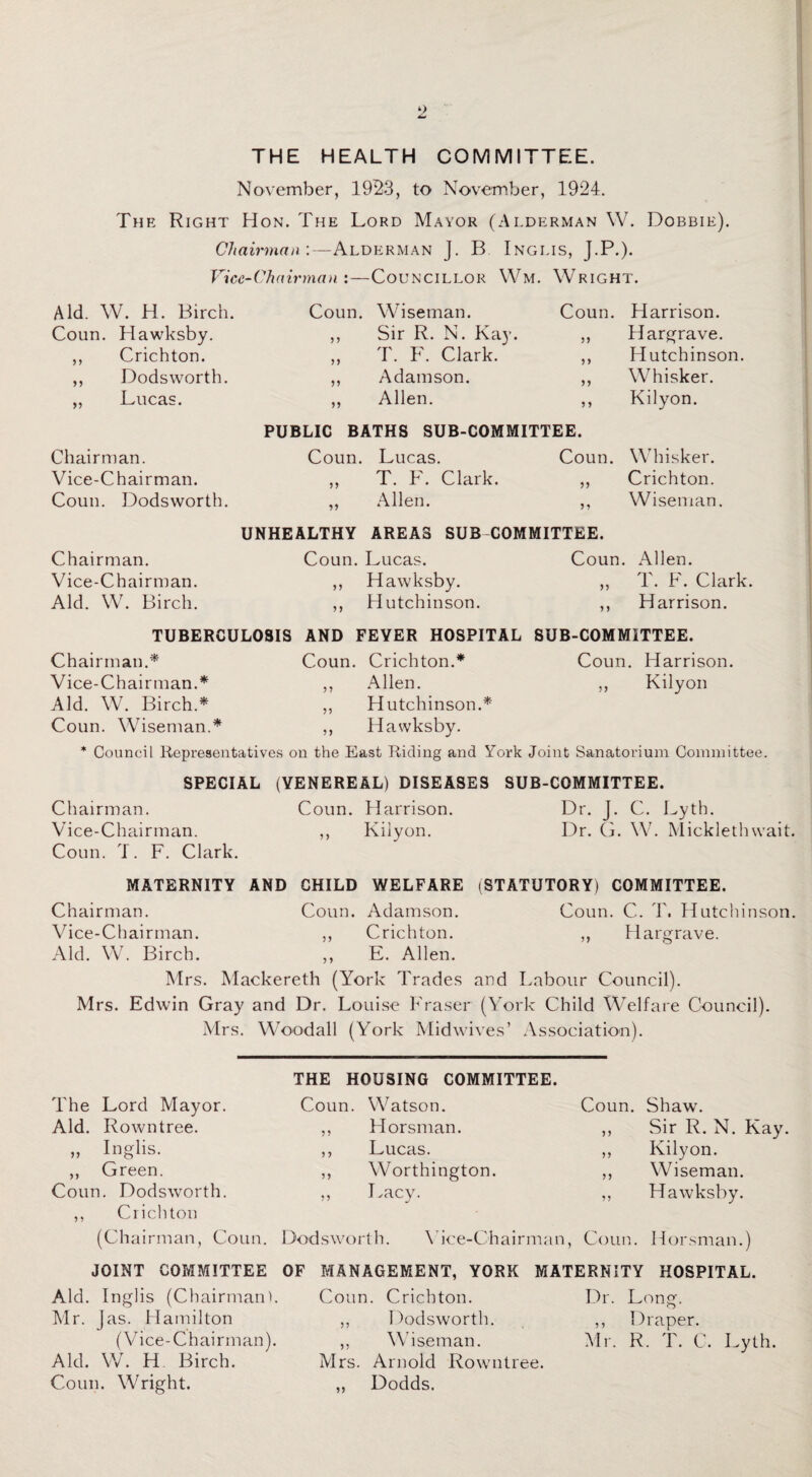 THE HEALTH COMMITTEE. November, 1923, to November, 1924. The Right Hon. The Lord Mayor (Alderman W. Dobbie). Chairman:—Alderman J. B Inglis, J.P.). Vice-Chairman :—Councillor Wm. Wright. Aid. W. H. Birch. Coun. Wiseman. Coun. Harrison. Coun. Hawksby. ,, Sir R. N. Kay. ,, Hargrave. ,, Crichton. „ T. F. Clark. ,, Hutchinson. ,, Dodsworth. ,, Adamson. ,, Whisker. ,, Lucas. ,, Allen. ,, Kilyon. PUBLIC BATHS SUB-COMMITTEE. Chairman. Coun. Lucas. Coun. Whisker. Vice-Chairman. ,, T. F. Clark. ,, Crichton. Coun. Dodsworth. ,, Allen. ,, Wiseman. UNHEALTHY AREAS SUB COMMITTEE. Chairman. Coun. Lucas. Coun. Allen. Vice-Chairman. ,, Hawksby. „ T. F. Clark. Aid. W. Birch. ,, Hutchinson. ,, Harrison. TUBERCULOSIS AND FEYER HOSPITAL SUB-COMMITTEE. Chairman.* Coun. Crichton.* Coun. Harrison. Vice-Chairman.* ,, Allen. ,, Kilyon Aid. W. Birch.* ,, Hutchinson.* Coun. Wiseman.* ,, Hawksby. * Council Representatives on the East Riding and York Joint Sanatorium Committee SPECIAL (VENEREAL) DISEASES SUB-COMMITTEE. Chairman. Coun. Harrison. Dr. J. C. Lyth. Vice-Chairman. ,, Kilyon. Dr. G. W. Micklethw Coun. T. F. Clark. MATERNITY AND CHILD WELFARE (STATUTORY) COMMITTEE. Chairman. Coun. Adamson. Coun. C. T. Hutchinson. Vice-Chairman. ,, Crichton. ,, Hargrave. Aid. W. Birch. ,, E. Allen. Mrs. Mackereth (York Trades and Labour Council). Mrs. Edwin Gray and Dr. Louise Fraser (York Child Welfare Council). Airs. Woodall (York Midwives’ Association). THE HOUSING COMMITTEE. The Lord Mayor. Aid. Rowntree. „ Inglis. ,, Green. Coun. Dodsworth. ,, Crichton (Chairman, Coun. Coun. Watson. ,, Horsman. ,, Lucas. ,, Worthington. ,, Lacy. Coun. Shaw. ,, Sir R. N. Kay. ,, Kilyon. „ Wiseman. ,, Hawksby. Dodsworth. Vice-Chairman, Coun. Horsman.) JOINT COMMITTEE OF Aid. Inglis (Chairman). Mr. Jas. Hamilton (Vice-Chairman). Aid. W. H Birch. Coun. Wright. MANAGEMENT, YORK MATERNITY HOSPITAL. Coun. Crichton. Dr. Long. ,, Dodsworth. ,, Draper. „ Wiseman. Mr. R. T. C. Lyth. Airs. Arnold Rowntree. ,, Dodds.