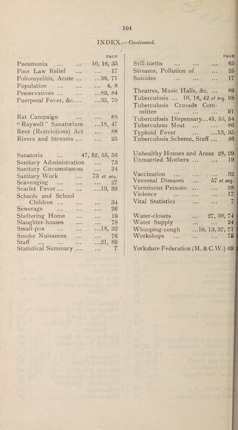 INDEX.— Continued. Pneumonia PAGE 10, 16, 35 Poor Law Relief 17 Poliomyelitis, Acute ... ...36, 71 Population 00 • • Preservatives ... ...83, 84 Puerperal Fever, &c. ... ...35, 70 Rat Campaign 88 “ Raywell ” Sanatorium ... 18, 4 / Rent (Restrictions) Act 88 Rivers and Streams ... 25 Sanatoria ... 47 , 52, 55, 56 Sanitary Administration 73 Sanitary Circumstances 24 Sanitary Work 73 et seq. Scavenging 27 Scarlet Fever ... ...13, 33 Schools and School Children ... 34 Sewerage 26 Sheltering Home 19 Slaughter-houses 78 Small-pox ...18, 32 Smoke Nuisances 76 Staff ...21, 89 Statistical Summary ... 7 PAGE Still-births 65 Streams, Pollution of 25 Suicides 17 Theatres, Music Halls, &c. ... 89 Tuberculosis ... 10, 18, 42 et seq. 98 Tuberculosis Crusade Com¬ mittee 91 Tuberculosis Dispensary...45, Tuberculous Meat 53, 54 86 Typhoid Fever ... ...13, 35 Tuberculosis Scheme, Staff ... 46 Unhealthy Houses and Areas 28, 29 Unmarried Mothers ... ... 19 Vaccination Venereal Diseases Verminous Persons Violence Vital Statistics 32 57 et seq. , 38 17 Water-closets Water Supply Whooping-cough ...10, 13, 37, 71 f 27, 30, 74 24 i 75 ; Workshops Yorkshire Federation (M. & C.W.) 69 |