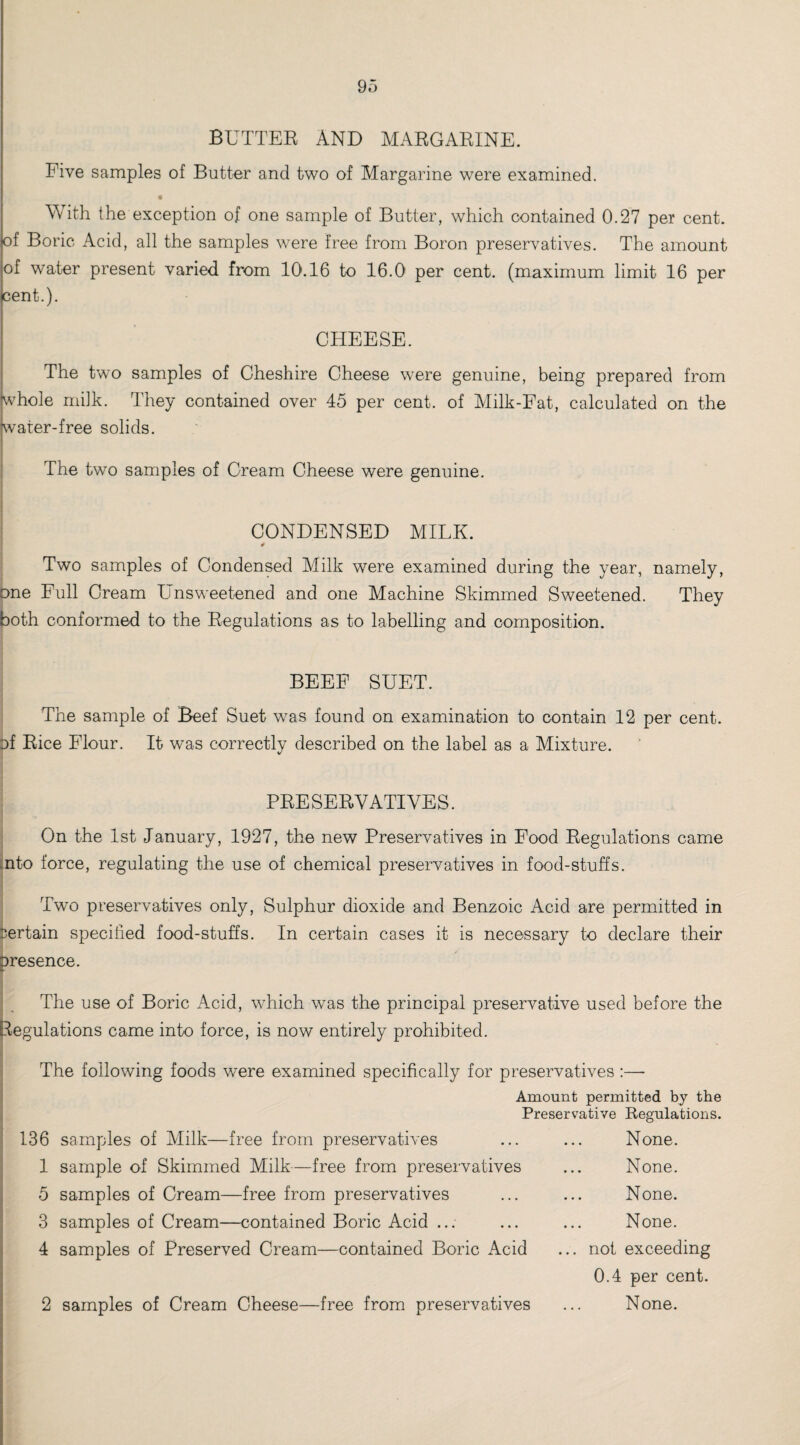 BUTTER AND MARGARINE. Five samples of Butter and two of Margarine were examined. With the exception of one sample of Butter, which contained 0.27 per cent, of Boric Acid, all the samples were free from Boron preservatives. The amount of water present varied from 10'.16 to 16.0 per cent, (maximum limit 16 per cent.). CHEESE. The two samples of Cheshire Cheese were genuine, being prepared from whole milk. They contained over 45 per cent, of Milk-Fat, calculated on the water-free solids. The two samples of Cream Cheese were genuine. CONDENSED MILK. Two samples of Condensed Milk were examined during the year, namely, Dne Full Cream Unsweetened and one Machine Skimmed Sweetened. They both conformed to the Regulations as to labelling and composition. BEEF SUET. The sample of Beef Suet was found on examination to contain 12 per cent, of Rice Flour. It was correctly described on the label as a Mixture. PRESERVATIVES. On the 1st January, 1927, the new Preservatives in Food Regulations came into force, regulating the use of chemical preservatives in food-stuffs. Two preservatives only, Sulphur dioxide and Benzoic Acid are permitted in certain specified food-stuffs. In certain cases it is necessary to declare their presence. The use of Boric Acid, which was the principal preservative used before the Regulations came into force, is now entirely prohibited. The following foods were examined specifically for preservatives :—- Amount permitted by the Preservative Regulations. 136 samples of Milk—free from preservatives 1 sample of Skimmed Milk—free from preservatives 5 samples of Cream—free from preservatives 3 samples of Cream—contained Boric Acid ..; 4 samples of Preserved Cream—contained Boric Acid 2 samples of Cream Cheese—free from preservatives None. None. None. None. not exceeding 0.4 per cent. None.