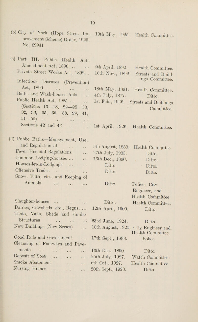 (b) City of York (Hope Street Im- 19th May, 1925, Health Committee, provement Scheme) Order, 1925, No. 69941 (c) Part IIP—Public Health Acts Amendment Act, 1890 ... Private Street Works Act, 1892... Infectious Diseases (Prevention) Act, 1890 . Baths and Wash-houses Acts Public Health Act, 1925 . (Sections 13—18, 22—28, 30, 32, 33, 35, 36, 38, 39, 41, 51—55). Sections 42 and 43 4th April, 1892. 16th Nov., 1892. Health Committee. Streets and Build¬ ings Committee. 18th May, 1891. Health Committee. 4th July, 1877. Ditto. 1st Feb., 1926. Streets and Buildings Committee. 1st April, 1926. Health Committee. (d) Public Baths—Management, Use, and Regulation of Fever Hospital Regulations Common Lodging-houses ... Houses-let-in-Lodgings Offensive Trades ... Snow, Filth, etc., and Keeping of Animals . Slaughter-houses ... Dairies, Cowsheds, etc., Regns. ... Tents, Vans, Sheds and similar Structures New Buildings (New Series) Good Rule and Government Cleansing of Footways, and Pave¬ ments Deposit of Soot ... . Smoke Abatement Nursing Homes 5th August, 1880. Health Comnjittee. 27th July, 1903. Ditto. 16th Dec., 1890. Ditto. Ditto. Ditto. Ditto. Ditto. Ditto. Police, City Engineer, and Health Committee. Ditto. Health Committee. 12th April, 1900. Ditto. 23rd June, 1924. Ditto.. 18th August, 1925. City Engineer and Health Committee. 17th Sept., 1888. Police. 16th Dec., 1890. Ditto. 25th July, 1927. Watch Committee. 6th Oct., 1927. Health Committee. 20th Sept., 1928, Ditto.