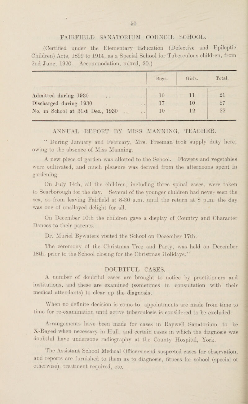 FAIRFIELD SANATORIUM COUNCIL SCHOOL. (Certified under the Elementary Education (Defective and Epileptic Children) Acts, 1899 to 1914, as a Special School for Tuberculous children, from 2nd June, 1920. Accommodation, mixed, 20.) Boys. Girls. Total. Admitted during 1930 10 11 21 Discharged during 1930 17 10 27 No. in School at 31st Dec., 1930 10 12 22 ANNUAL REPORT BY MISS MANNING, TEACHER. During January and February, Mrs. Freeman took supply duty here, owing to the absence of Miss Manning. A new piece of garden was allotted to the School. Flowers and vegetables were cultivated, and much pleasure was derived from the afternoons spent in gardening. On July 14th, all the children, including three spinal cases, were taken to Scarborough for the day. Several of the younger children had never seen the sea, so from leaving Fairfield at 8-301 a.m. until the return at 8 p.m. the day was one of unalloyed delight for all. On December 10th the children gave a display of Country and Character Dances to their parents. Dr. Muriel By waters visited the School on December 17th. The ceremony of the Christmas Tree and Party, was held on December 18th, prior to the School closing for the Christmas Holidays.” DOUBTFUL CASES. A number of doubtful cases are brought to notice by practitioners and institutions, and these are examined (sometimes in consultation with their medical attendants) to clear up the diagnosis. When no definite decision is come to, appointments are made from time to time for re-examination until active tuberculosis is considered to be excluded. Arrangements have been made for cases in Raywell Sanatorium to be X-Rayed when necessary in Hull, and certain cases in which the diagnosis was doubtful have undergone radiography at the County Hospital, York. 1 he Assistant School Medical Officers send suspected cases for observation, and reports are furnished to them as to diagnosis, fitness for school (special or otherwise), treatment required, etc.