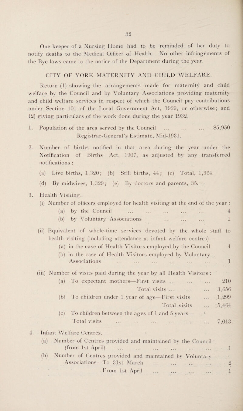 One keeper of a Nursing Home had to be reminded of her duty to notify deaths to the Medical Officer of Health. No other infringements of the Bye-laws came to the notice of the Department during the year. CITY OF YORK MATERNITY AND CHILD WELFARE. Return (1) showing the arrangements made for maternity and child welfare by the Council and by \Toluntary Associations providing maternity and child welfare services in respect of which the Council pay contributions under Section 101 of the Local Government Act, 1929, or otherwise; and (2) giving particulars of the work done during the year 1932. 1. Population of the area served by the Council ... ... ... 85,950 Registrar-General’s Estimate, Mid-1931. 2. Number of births notified in that area during the year under the Notification of Births Act, 1907, as adjusted by any transferred notifications : (a) Live births, 1,320; (b) Still births, 44; (c) Total, 1,364. (d) By midwives, 1,329; (e) By doctors and parents, 35. 3. Health Visiting. (i) Number of oliicers employed for health visiting at the end of the year : (a) by the Council ... ... ... ... ... 4 (b) by Voluntary Associations ... ... ... 1 (ii) Equivalent of whole-time services devoted bv the whole staff to health visiting (including attendance at infant welfare centres)— (a) in the case of Health Visitors employed by the Council 4 (b) in the case of Flealth Visitors employed by Yoluntarv Associations ... ... ... ... ... ... 1 (iii) Number of visits paid during the year by all Health Visitors : (a) To expectant mothers—First visits ... ... ... 210 Total visits ... ... ... 3,656 (b! To children under 1 year of age—First visits ... 1,299 Total visits ... 5,464 (c) To children between the ages of 1 and 5 years— Total visits ... ... ... ... ... ... 7,013 4. Infant Welfare Centres. (a) Number of Centres provided and maintained by the Council (from 1st April) ... ... ... ... ... ... 1 (b) Number of Centres provided and maintained by Voluntary Associations—To 31st March ... ... ... ... 2 From 1st April ... ... ... ... 1