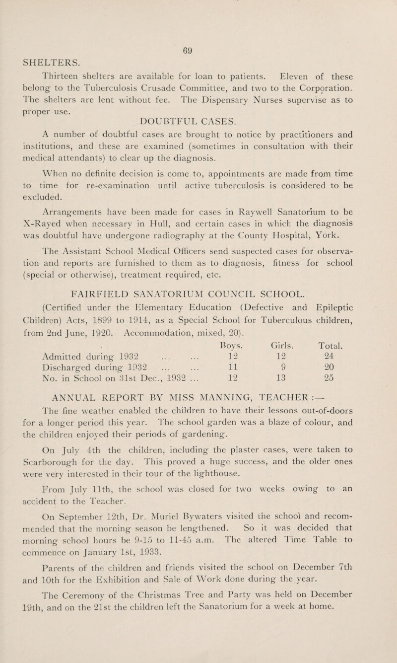 SHELTERS. Thirteen shelters are available for loan to patients. Eleven of these belong to the Tuberculosis Crusade Committee, and two to the Corporation. The shelters are lent without fee. The Dispensary Nurses supervise as to proper use. DOUBTFUL CASES. A number of doubtful cases are brought to notice by practitioners and institutions, and these are examined (sometimes in consultation with their medical attendants) to clear up the diagnosis. When no definite decision is come to, appointments are made from time to time for re-examination until active tuberculosis is considered to be excluded. Arrangements have been made for cases in Raywell Sanatorium to be X-Rayed when necessary in Hull, and certain cases in which the diagnosis was doubtful have undergone radiography at the County Hospital, York. The Assistant School Medical Officers send suspected cases for observa¬ tion and reports are furnished to them as to diagnosis, fitness for school (special or otherwise), treatment required, etc. FAIRFIELD SANATORIUM COUNCIL SCHOOL. (Certified under the Elementary Education (Defective and Epileptic Children) Acts, 1899 to 1914, as a Special School for Tuberculous children, from 2nd June, 1920. Accommodation, mixed, 20). Boys. Girls. Total. Admitted during 1932 12 12 24 Discharged during 1932 11 9 20 No. in School on 31st Dec., 1932 ... 12 13 25 ANNUAL REPORT BY MISS MANNING, TEACHER The fine weather enabled the children to have their lessons out-of-doors for a longer period this year. The school garden was a blaze of colour, and the children enjoyed their periods of gardening. On July 4th the children, including the plaster cases, were taken to Scarborough for the day. This proved a huge success, and the older ones were very interested in their tour of the lighthouse. From July 11th, the school was closed for two weeks owing to an accident to the Teacher. On September 12th, Dr. Muriel Bywaters visited the school and recom¬ mended that the morning season be lengthened. So it was decided that morning school hours be 9-15 to 11-45 a.m. The altered Time Table to commence on January 1st, 1933. Parents of the children and friends visited the school on December 7th and 10th for the Exhibition and Sale of Work done during the year. The Ceremony of the Christmas Tree and Party was held on December 19th, and on the 21st the children left the Sanatorium for a week at home.