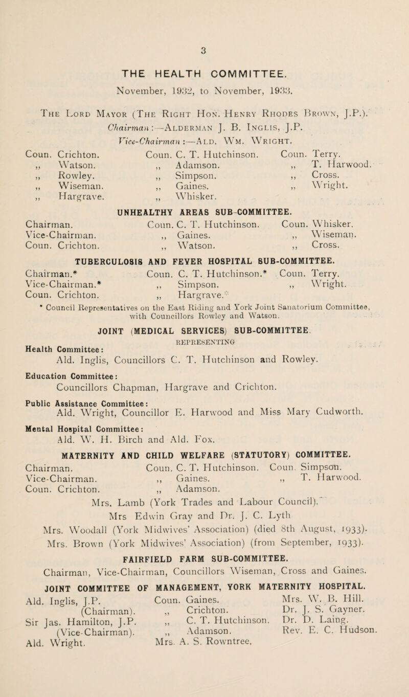 THE HEALTH COMMITTEE. November, 1932, to November, 1933. The Lord Mayor (The Right Hon. Henry Rhodes Brown, J.P.). Chairman:—Alderman J. B. Inglis, J.P. Vice-Chairman:—Ald. Wm. Wright. Coun. Crichton. Coun. C. T. Hutchinson. Coun. Terry. „ Watson. ,, Adamson. ,, T. Harwood ,, Rowley. ,, Simpson. ,, Cross. ,, Wiseman. ,, Gaines. ,, Wright. ,, Hargrave. ,, WThisker. UNHEALTHY AREAS SUB-COMMITTEE. Chairman. Conn. C. T. Hutchinson. Coun. Whisker. Vice-Chairman. ,, Gaines. ,, Wiseman. Coun. Crichton. ,, Watson. ,, Cross. TUBERCULOSIS AND FEYER HOSPITAL SUB-COMMITTEE. Chairman.* Coun. C. T. Hutchinson.* Coun. Terry. Vice-Chairman.* ,, Simpson. ,, Wright. Coun. Crichton. ,, Hargrave. * Council Representatives on the East Riding and York Joint Sanatorium Committee, with Councillors Rowley and Watson. JOINT (MEDICAL SERVICES) SUB-COMMITTEE REPRESENTING Health Committee: Aid. Inglis, Councillors C. T. Hutchinson and Rowley. Education Committee: Councillors Chapman, Hargrave and Crichton. Public Assistance Committee: Aid. Wright, Councillor E. Harwood and Miss Mary Cud worth. Mental Hospital Committee: Aid. W. H. Birch and Aid. Fox. MATERNITY AND CHILD WELFARE (STATUTORY) COMMITTEE. Chairman. Coun. C. T. Hutchinson. Coun. Simpson. Vice-Chairman. ,, Gaines. ,, T. Harwood. Coun. Crichton. ,, Adamson. Mrs. Lamb (York Trades and Labour Council). Mrs Edwin Gray and Dr. J. C. Lyth Mrs. Woodall (York Midwives’ Association) (died 8th August, 1933). Mrs. Brown (York Midwives’ Association) (from September, 1933). FAIRFIELD FARM SUB-COMMITTEE. Chairman, Vice-Chairman, Councillors Wiseman, Cross and Gaines. JOINT COMMITTEE Aid. Inglis, J.P. (Chairman). Sir Jas. Hamilton, J.P. (Vice-Chairman). Aid. Wright. OF MANAGEMENT, YORK MATERNITY HOSPITAL. Coun. Gaines. Mrs. W. B. Hill. ,, Crichton. Dr. J. S. Gayner. ,, C. T. Hutchinson. Dr. D. Laing. ,, Adamson. Rev. E. C. Hudson. Mrs. A. S. Rowntree.
