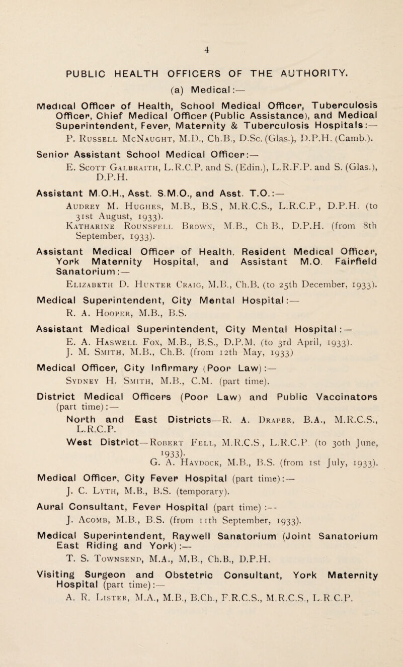PUBLIC HEALTH OFFICERS OF THE AUTHORITY. (a) Medical:— Medical Officer of Health, School Medical Officer, Tuberculosis Officer, Chief Medical Officer (Public Assistance), and Medical Superintendent, Fever, Maternity & Tuberculosis Hospitals:— P. Russell McNaught, M.D., Ch.B., D.Sc. (Glas.), D.P.H. (Camb.). Senior Assistant School Medical Officer:— E. Scott Galbraith, L.R.C.P. and S. (Edin.), L.R.F.P. and S. (Glas.), D.P.H. Assistant M.O.H., Asst. S.M.O., and Asst. T.O.: — Audrey M. Hughes, M.B., B.S, M.R.C.S., L.R.C.P , D.P.H. (to 31st August, 1933). Katharine Rounsfell Brown, M B., Ch B., D.P.H. (from 8th September, 1933). Assistant Medical Officer of Health. Resident Medical Officer, York Maternity Hospital, and Assistant M.O. Fairfield Sanatorium:— Elizabeth D. Hunter Craig, M.B., Ch.B. (to 25th December, 1933). Medical Superintendent, City Mental Hospital: — R. A. Hooper, M.B., B.S. Assistant Medical Superintendent, City Mentai Hospital : — E. A. Haswell Fox, M.B., B.S., D.P.M. (to 3rd April, 1933). J. M. Smith, M.B., Ch.B. (from 12th May, 1933) Medical Officer, City Infirmary (Poor Law):— Sydney H. Smith, M.B., C.M. (part time). District Medical Officers (Poor Law) and Public Vaccinators (part time): — North and East Districts—R. A. Draper, B.A., M.R.C.S., L.R.C.P. West District—Robert Fell, M.R.C.S, L.R.C.P (to 30th June, ■933)- G. A. Haydock, M.B., B.S. (from 1st July, 1933). Medical Officer, City Fever Hospital (part time): — J. C. Lyth, M.B., B.S. (temporary). Aural Consultant, Fever Hospital (part time) J. Acomb, M.B., B.S, (from 11th September, 1933). Medical Superintendent, Raywell Sanatorium (Joint Sanatorium East Riding and York):— T. S. Townsend, M.A., M.B., Ch.B., D.P.H. Visiting Surgeon and Obstetric Consultant, York Maternity Hospital (part time):— A. R. Lister, M.A., M.B., B.Ch., F.R.C.S., M.R.C.S., L.R.C.P.