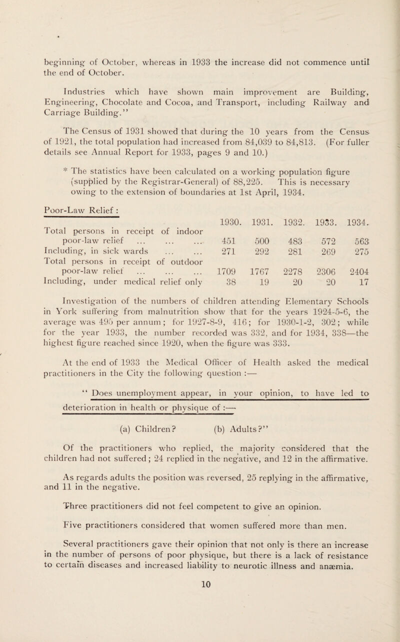 beginning of October, whereas in 1933 the increase did not commence until the end of October. Industries which have shown main improvement are Building-, Engineering, Chocolate and Cocoa, and Transport, including Railway and Carriage Building.” The Census of 1931 showed that during the 10 years from the Census- of 1921, the total population had increased from 84,039 to 84,813. (For fuller details see Annual Report for 1933, pages 9 and 10.) * The statistics have been calculated on a working population figure (supplied by the Registrar-General) of 88,225. This is necessary owing to the extension of boundaries at 1st April, 1934. Poor-Law Relief : 1930. 1931. 1932. 1933. 1934. Total persons in receipt of indoor poor-law relief 451 500 483 572 563 Including, in sick wards 271 292 281 269 275 Total persons in receipt of outdoor poor-law relief 1709 1767 2278 2306 2404 Including, under medical relief only 38 19 20 20 17 Investigation of the numbers of children attending Elementary Schools in York suffering from malnutrition show that for the years 1924-5-6, the average was 495 per annum; for 1927-8-9, 416; for 1930-1-2, 302; while for the year 1933, the number recorded was 332, and for 1934, 338—the highest figure reached since 1920, when the figure was 333. At the end of 1933 the Medical Officer of Health asked the medical practitioners in the City the following question : — “ Does unemployment appear, in your opinion, to have led to deterioration in health or physique of :— (a) Children? (b) Adults?” Of the practitioners who replied, the majority considered that the children had not suffered; 24 replied in the negative, and 12 in the affirmative. As regards adults the position was reversed, 25 replying in the affirmative, and 11 in the negative. Three practitioners did not feel competent to give an opinion. hive practitioners considered that women suffered more than men. Several practitioners gave their opinion that not only is there an increase in the number of persons of poor physique, but there is a lack of resistance to certain diseases and increased liability to neurotic illness and anaemia.