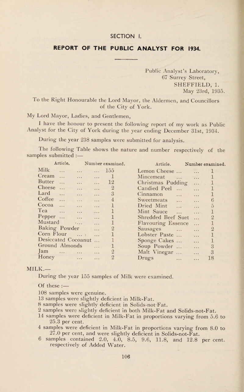 REPORT OF THE PUBLIC ANALYST FOR 1934. Public Analyst’s Laboratory, 67 Surrey Street, SHEFFIELD, 1. May 23rd, 1935. To the Right Honourable the Lord Mayor, the Aldermen, and Councillors of the City of York. My Lord Mayor, Ladies, and Gentlemen, I have the honour to present the following- report of my work as Public Analyst for the City of York during the year ending December 31st, 1934. During the year 238 samples were submitted for analysis. I he following Table shows the nature and number respectively of the samples submitted :— Article, Number examined. Article. Number examined. Milk . 155 Lemon Cheese ... 1 Cream ... 1 Mincemeat 1 Butter ... 12 Christmas Pudding 1 Cheese ... 2 Candied Peel ... 1 Lard 3 Cinnamon 1 Coffee 4 Sweetmeats 6 Cocoa 1 Dried Mint 5 Tea 1 Mint Sauce 1 Pepper ... 1 Shredded Beef Suet ... 9 Mustard •... 1 Flavouring Essence ... 1 Baking Powder 2 Sausages 2 Corn Flour 1 Lobster Paste ... 1 Desiccated Cocoanut ... 1 Sponge Cakes ... 1 Ground Almonds 1 Soup Powder ... 3 Jam . 2 Malt Vinegar ... 3 Honey 2 Drugs 18 MILK.— During the year 155 sam pies of Milk were examined. Of these :— 108 samples were genuine. 13 samples were slightly deficient in Milk-Fat. 8 samples were slightly deficient in Solids-not-Fat. 2 samples were slightly deficient in both Milk-Fat and Solids-not-Fat. 14 samples were deficient in Milk-Fat in proportions varying from 5.6 to 25.3 per cent. 4 samples were deficient in Milk-Fat in proportions varying from 8.0 to 27.0 per cent, and were slightly deficient in Solids-not-Fat. 6 samples contained 2.0, 4.0, 8.5, 9.6, 11.8, and 12.8 per cent, respectively of Added Water.