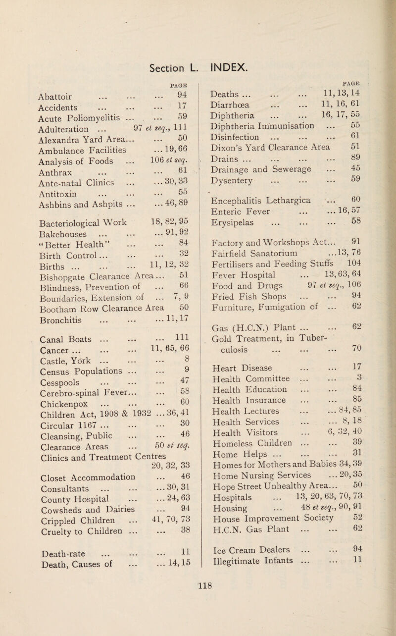 Section L. iNDEX. PAGE Abattoir ... 94 Accidents 17 Acute Poliomyelitis ... 59 Adulteration ... 97 et seq., Ill Alexandra Yard Area... ... 50 Ambulance Facilities ...19,66 Analysis of Foods 106 et seq. Anthrax 61 Ante-natal Clinics ...30,33 Antitoxin ... 5o Ashbins and Ashpits ... ...46,89 Bacteriological Work 18,82, 95 Bakehouses ... 91,92 “Better Health” 84 Birth Control... 32 Births ... 11, 12, 32 Bishopgate Clearance Area... 51 Blindness, Prevention of 63 Boundaries, Extension of ... 7,9 Bootham Row Clearance Area 50 Bronchitis ... 11,17 Canal Boats. ... Ill Cancer ... 11, 65, 66 Castle, York . ... 8 Census Populations ... 9 Cesspools 47 Cerebro-spinal Fever... 58 Chickenpox 60 Children Act, 1908 & 1932 ...36,41 Circular 1167 ... 30 Cleansing, Public 46 Clearance Areas 50 et seq. Clinics and Treatment Centres 20, 32, 33 Closet Accommodation 46 Consultants ...30,31 County Hospital ...24, 63 Cowsheds and Dairies 94 Crippled Children 41, 70, 73 Cruelty to Children ... 38 Death-rate 11 Death, Causes of ... 14,15 Deaths ... Diarrhoea Diphtheria PAGE 11,13,14 11, 16, 61 16, 17, 55 Diphtheria Immunisation Disinfection Dixon’s Yard Clearance Area Drains ... Drainage and Sewerage Dysentery 55 61 51 89 45 59 Encephalitis Lethargica Enteric Fever Erysipelas 60 ...16,57 58 Factory and Workshops Act... 91 Fairfield Sanatorium ...13, 76 Fertilisers and Feeding Stuffs 104 Fever Hospital ... 13,63,64 Food and Drugs 97 et seq., 106 Fried Fish Shops ... ... 94 Furniture, Fumigation of ... 62 Gas (H.C.N.) Plant. Gold Treatment, in Tuber¬ culosis Heart Disease Health Committee ... Health Education Health Insurance . Health Lectures Health Services Health Visitors ... 6, Homeless Children ... Home Helps ... Homes for Mothers and Babies Home Nursing Services Hope Street Unhealthy Area... Hospitals ... 13, 20, 63, Housing ... 48 et seq., House Improvement Society H.C.N. Gas Plant ... ... Ice Cream Dealers Illegitimate Infants ... 62 70 17 3 84 85 84, 85 8, 18 32, 40 39 31 34, 39 20,35 50 70, 73 90, 91 52 62 94 11