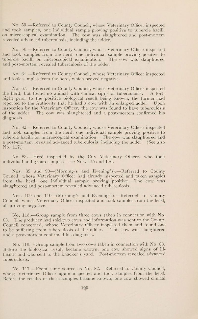 No. 55.—Referred to County Council, whose Veterinary Officer inspected and took samples, one individual sample proving- positive to tubercle bacilli on microscopical examination. The cow was slaughtered and post-mortem revealed advanced tuberculosis, including the udder. No. 56.—Referred to County Council, whose Veterinary Officer inspected and took samples from the herd, one individual sample proving positive to tubercle bacilli on microscopical examination. The cow was slaughtered and post-mortem revealed tuberculosis of the udder. No. 64.—Referred to County Council, whose Veterinary Officer inspected and took samples from the herd, which proved negative. No. 67.—Referred to County Council, whose Veterinary Officer inspected the herd, but found no animal with clinical signs of tuberculosis. A fort¬ night prior to the positive biological result being known, the farmer had reported to the Authority that he had a cow with an enlarged udder. Upon inspection by the Veterinary Officer, the cow was found to have tuberculosis of the udder. The cow was slaughtered and a post-mortem confirmed his diagnosis. No. 82.—Referred to County Council, whose Veterinary Officer inspected and took samples from the herd, one individual sample proving positive to tubercle bacilli on microscopical examination. The cow was slaughtered and a post-mortem revealed advanced tuberculosis, including the udder. (See also No. 117.) No. 83.—Herd inspected by the City Veterinary Officer, who took individual and group samples—see Nos. 115 and 116. Nos. 89 and 90—(Morning’s and Evening’s).—Referred to County Council, whose Veterinary Officer had already inspected and taken samples from the herd, one individual sample proving positive. The cow was slaughtered and post-mortem revealed advanced tuberculosis. Nos. 109 and 110—(Morning’s and Evening’s).—Referred to County Council, whose Veterinary Officer inspected and took samples from the herd, all proving negative. No. 115.—Group sample from three cows taken in connection with No. 83. The producer had sold two cows and information was sent to the County Council concerned, whose Veterinary Officer inspected them and found one to be suffering from tuberculosis of the udder. This cow was slaughtered and a post-mortem confirmed his diagnosis. No. 116.—Group sample from two cows taken in connection with No. 83. Before the biological result became known, one cow showed signs of ill- health and was sent to the knacker’s yard. Post-mortem revealed advanced tuberculosis. No. 117.—From same source as No. 82. Referred to County Council, whose Veterinary Officer again inspected and took samples from the herd. Before the results of these samples became known, one cow showed clinical
