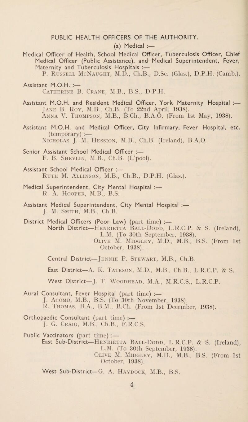 PUBLIC HEALTH OFFICERS OF THE AUTHORITY. (a) Medical :— Medical Officer of Health, School Medical Officer, Tuberculosis Officer, Chief Medical Officer (Public Assistance), and Medical Superintendent, Fever, Maternity and Tuberculosis Hospitals :— P. Russell McNaught, M.D., Ch.B., D.Sc. (Glas.), D.P.H. (Camb.). Assistant M.O.H. :— Catherine B. Crane, M.B., B.S., D.P.H. Assistant M.O.H. and Resident Medical Officer, York Maternity Hospital :— Jane B. Roy, M.B., Ch.B. (To 22nd April, 1938). Anna V. Thompson, M.B., B.Ch., B.A.O. (From 1st May, 1938). Assistant M.O.H. and Medical Officer, City Infirmary, Fever Hospital, etc. (temporary) :— Nicholas J. M. Hession, M.B., Ch.B. (Ireland), B.A.O. Senior Assistant School Medical Officer :— F. B. Shevlin, M.B., Ch.B. (L’pool). Assistant School Medical Officer :— Ruth M. Allinson, M.B., Ch.B., D.P.H. (Glas.). Medical Superintendent, City Mental Hospital :— R. A. Hooper, M.B., B.S. Assistant Medical Superintendent, City Mental Hospital :— J. M. Smith, M.B., Ch.B. District Medical Officers (Poor Law) (part time) :—- North District—Henrietta Ball-Dodd, L.R.C.P. & S. (Ireland), L.M. (To 30th September, 1938). Olive M. Midgley, M.D., M.B., B.S. (From 1st October, 1938). Central District—Jennie P. Stewart, M.B., Ch.B. East District—A. K. Tateson, M.D., M.B., Ch.B., L.R.C.P. & S. West District—J. T. Woodhead, M.A., M.R.C.S., L.R.C.P. Aural Consultant, Fever Hospital (part time) :— J. Acomb, M.B., B.S. (To 30th November, 1938). R. Thomas, B.A., B.M., B.Ch. (From 1st December, 1938). Orthopaedic Consultant (part time) :— J. G. Craig, M.B., Ch.B., F.R.C.S. Public Vaccinators (part time) :— East Sub-District—Henrietta Ball-Dodd, L.R.C.P. & S. (Ireland), L.M. (To 30th September, 1938). Olive M. Midgley, M.D., M.B., B.S. (From 1st October, 1938). West Sub-District—G. A. Haydock, M.B., B.S.