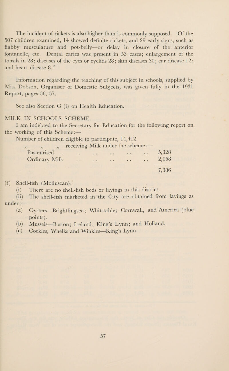 The incident of rickets is also higher than is commonly supposed. Of the 507 children examined, 14 showed definite rickets, and 29 early signs, such as flabby musculature and pot-belly—or delay in closure of the anterior fontanelle, etc. Dental caries was present in 53 cases; enlargement of the tonsils in 28; diseases of the eyes or eyelids 28; skin diseases 30; ear disease 12; and heart disease 8.” Information regarding the teaching of this subject in schools, supplied by Miss Dobson, Organiser of Domestic Subjects, was given fully in the 1931 Report, pages 56, 57. See also Section G (i) on Health Education. MILK IN SCHOOLS SCHEME. I am indebted to the Secretary for Education for the following report on the working of this Scheme:— Number of children eligible to participate, 14,412. ,, ,, ,, receiving Milk under the scheme:— Pasteurised . . . . . . . . . . . . 5,328 Ordinary Milk . . . . . . . . . . 2,058 7,386 (f) Shell-fish (Molluscan). (i) There are no shell-fish beds or layings in this district. (ii) The shell-fish marketed in the City are obtained from layings as under:— (a) Oysters—Brightlingsea; Whitstable; Cornwall, and America (blue points). (b) Mussels—Boston; Ireland; King’s Lynn; and Holland. (c) Cockles, Whelks and Winkles—King’s Lynn.