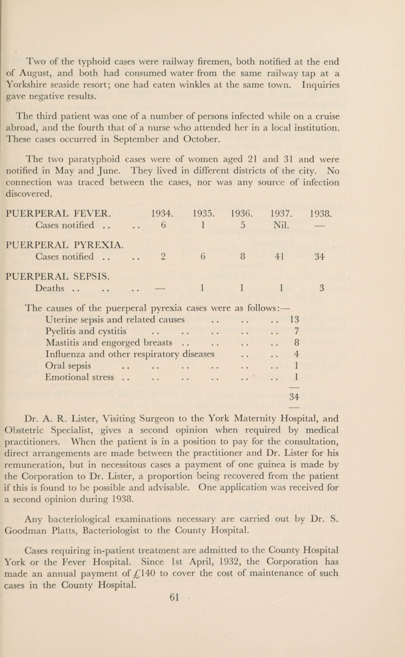 Two of the typhoid cases were railway firemen, both notified at the end of August, and both had consumed water from the same railway tap at a Yorkshire seaside resort; one had eaten winkles at the same town. Inquiries gave negative results. The third patient was one of a number of persons infected while on a cruise abroad, and the fourth that of a nurse who attended her in a local institution. These cases occurred in September and October. The two paratyphoid cases were of women aged 21 and 31 and were notified in May and June. They lived in different districts of the city. No connection was traced between the cases, nor was any source of infection discovered. PUERPERAL FEVER. Cases notified . . PUERPERAL PYREXIA. Cases notified . . PUERPERAL SEPSIS. Deaths 1934. 1935. 1936. 1937. 1938. 6 1 5 Nil. — 8 41 34 The causes of the puerperal pyrexia cases were as follows:— Uterine sepsis and related causes . . . . . . 13 Pyelitis and cystitis . . . . . . . . . . 7 Mastitis and engorged breasts . . . . . . . . 8 Influenza and other respiratory diseases . . . . 4 Oral sepsis . . . . . . . . . . . . 1 Emotional stress . . . . . . . . . . ' . . 1 34 Dr. A. R. Lister, Visiting Surgeon to the York Maternity Hospital, and Obstetric Specialist, gives a second opinion when required by medical practitioners. When the patient is in a position to pay for the consultation, direct arrangements are made between the practitioner and Dr. Lister for his remuneration, but in necessitous cases a payment of one guinea is made by the Corporation to Dr. Lister, a proportion being recovered from the patient if this is found to be possible and advisable. One application was received for a second opinion during 1938. Any bacteriological examinations necessary are carried out by Dr. S. Goodman Platts, Bacteriologist to the County Hospital. Cases requiring in-patient treatment are admitted to the County Hospital York or the Fever Hospital. Since 1st April, 1932, the Corporation has made an annual payment of £140 to cover the cost of maintenance of such cases in the County Hospital.