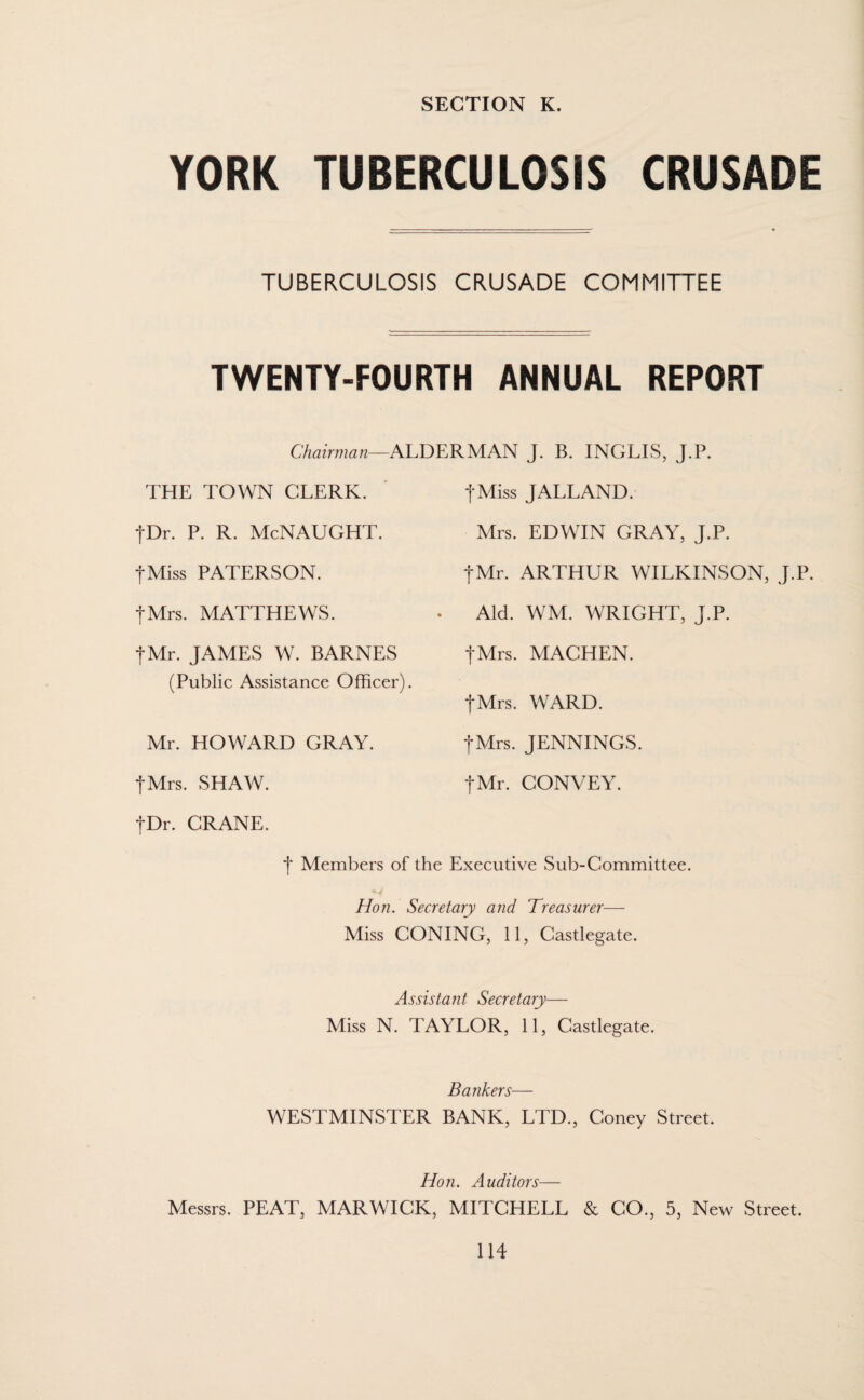 YORK TUBERCULOSIS CRUSADE TUBERCULOSIS CRUSADE COMMITTEE TWENTY-FOURTH ANNUAL REPORT Chairman—ALDERMAN J. B. INGLIS, J.P. THE TOWN CLERK. tDr. P. R. McNAUGHT. fMiss PATERSON. tMrs. MATTHEWS. fMr. JAMES W. BARNES (Public Assistance Officer). fMiss J ALL AND. Mrs. EDWIN GRAY, J.P. fMr. ARTHUR WILKINSON, J.P. Aid. WM. WRIGHT, J.P. fMrs. MACHEN. fMrs. WARD, fMrs. JENNINGS. fMr. CONVEY. Mr. HOWARD GRAY, fMrs. SHAW. fDr. CRANE. f Members of the Executive Sub-Committee. Hon. Secretary and Treasurer— Miss CONING, 11, Castlegate. Assistant Secretary— Miss N. TAYLOR, 11, Castlegate. Bankers— WESTMINSTER BANK, LTD., Coney Street. Hon. Auditors— Messrs. PEAT, MARWICK, MITCHELL & CO., 5, New Street.