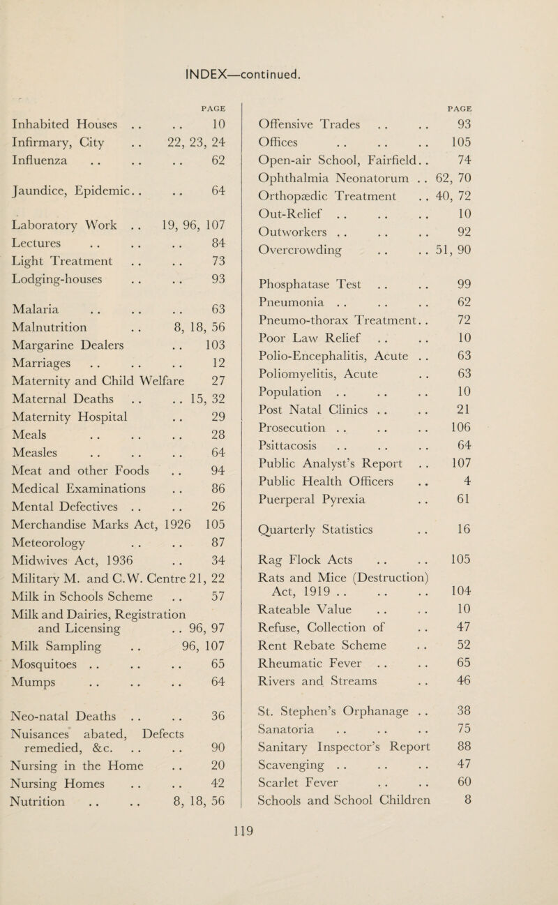 PAGE Inhabited Houses . . . . 10 Infirmary, City 22, 23, 24 Influenza • • 62 Jaundice, Epidemic. . • • 64 Laboratory Work . . 19, 96, 107 Lectures • • 84 Light Treatment • • 73 Lodging-houses • • 93 Malaria • • 63 Malnutrition 8, 18, 56 Margarine Dealers • • 103 Marriages • • 12 Maternity and Child Welfare 27 Maternal Deaths • • 15, 32 Maternity Hospital • • 29 Meals • • 28 Measles • • 64 Meat and other Foods • • 94 Medical Examinations • • 86 Mental Defectives . . • • 26 Merchandise Marks Act, 1926 105 Meteorology • • 87 Midwives Act, 1936 • • 34 Military M. and C.W. Centre 21, 22 Milk in Schools Scheme • • 57 Milk and Dairies, Registration and Licensing • • 96, 97 Milk Sampling 96, 107 Mosquitoes . . • • 65 Mumps • • 64 Neo-natal Deaths • • 36 Nuisances abated, Defects remedied, &c. • • 90 Nursing in the Home • • 20 Nursing Homes • • 42 Nutrition 8, 18, 56 PAGE Offensive Trades . . . . 93 Offices . . . . . . 105 Open-air School, Fairfield. . 74 Ophthalmia Neonatorum . . 62, 70 Orthopaedic Treatment . . 40, 72 Out-Relief . . . . . . 10 Outworkers . . . . . . 92 Overcrowding . . . . 51, 90 Phosphatase Test . . . . 99 Pneumonia . . . . . . 62 Pneumo-thorax Treatment. . 72 Poor Law Relief . . . . 10 Polio-Encephalitis, Acute . . 63 Poliomyelitis, Acute . . 63 Population . . . . . . 10 Post Natal Clinics . . . . 21 Prosecution . . . . . . 106 Psittacosis . . . . . . 64 Public Analyst’s Report . . 107 Public Health Officers . . 4 Puerperal Pyrexia . . 61 Quarterly Statistics . . 16 Rag Flock Acts . . . . 105 Rats and Mice (Destruction) Act, 1919. 104 Rateable Value . . . . 10 Refuse, Collection of . . 47 Rent Rebate Scheme . . 52 Rheumatic Fever . . . . 65 Rivers and Streams . . 46 St. Stephen’s Orphanage . . 38 Sanatoria . . . . . . 75 Sanitary Inspector’s Report 88 Scavenging . . .. .. 47 Scarlet Fever . . . . 60 Schools and School Children 8