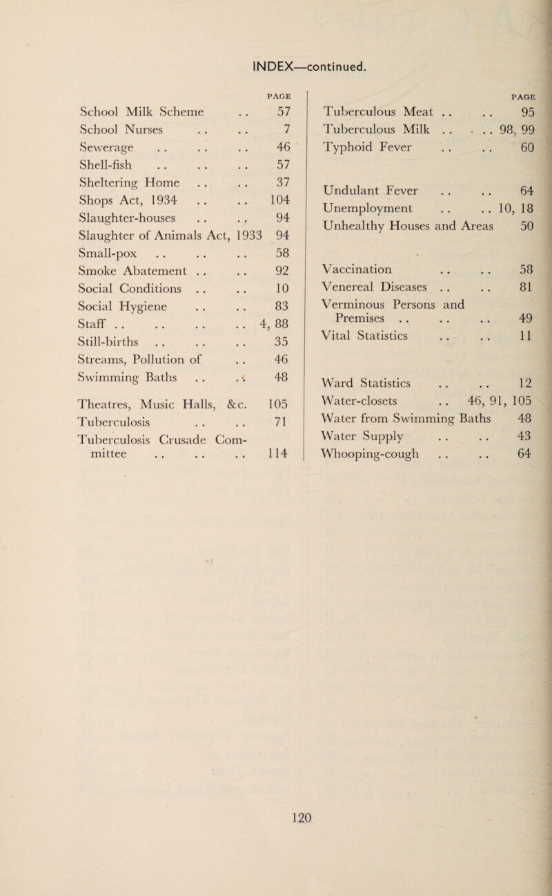 PAGE PAGE School Milk Scheme • • 57 Tuberculous Meat 95 School Nurses • • 7 Tuberculous Milk. 98, 99 Sewerage 46 Typhoid Fever 60 Shell-fish 57 Sheltering Home Shops Act, 1934 Slaughter-houses Slaughter of Animals Act 37 104 94 , 1933 94 Undulant Fever Unemployment Unhealthy Houses and Areas 64 10, 18 50 Small-pox 58 Smoke Abatement . . 92 Vaccination 58 Social Conditions 10 Venereal Diseases 81 Social Hygiene Staff . . . . . . Still-births 83 4, 88 35 Verminous Persons and Premises Vital Statistics 49 11 Streams, Pollution of 46 Swimming Baths 48 Ward Statistics 12 Theatres, Music Halls, &c. 105 Water-closets . . 46, 91, 105 Tuberculosis • • 71 Water from Swimming Baths 48 Tuberculosis Crusade Com- Water Supply 43 mittee • • 114 Whooping-cough 64