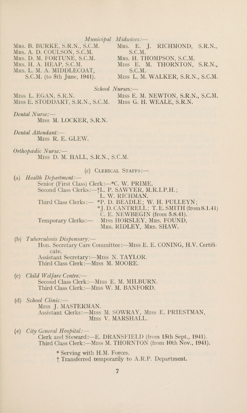 Mrs. B. BURKE, S.R.N., S.C.M. Mrs. A. D. COULSON, S.C.M. Mrs. D. M. FORTUNE, S.C.M. Mrs. H. A. HEAP, S.C.M. Mrs. E. J. RICHMOND, S.R.N., S.C.M. Mrs. H. THOMPSON, S.C.M. Miss E. M. THORNTON, S.R.N., S.C.M. Mrs. L. M. A. MIDDLECOAT, S.C.M. (to 5th June, 1941). Miss L. M. WALKER, S.R.N., S.C.M. School Nurses:—• Miss E. STODDART, S.R.N., S.C.M. Miss L. EGAN, S.R.N. Miss E. M. NEWTON, S.R.N., S.C.M. Miss G. H. WEALE, S.R.N. Dental Nurse:— Miss M. LOCKER, S.R.N. Dental Attendant:— Miss R. E. GLEW. Orthopcedic Nurse:—• Miss D. M. HALL, S.R.N., S.C.M. (c) Clerical Staffs:— (a) Health Department:— Senior (First Class) Clerk:—*C. W. PRIME. Second Class Clerks:—fL. P. SAWYER, M.R.I.P.H.; L. W. RICHMAN. Third Class Clerks:— *P. D. BEADLE; W. H. PULLEYN; *J. D. CANTRELL; T. E. SMITH (from 8.1.41) C. E. NEWBEGIN (from 5.8.41). Temporary Clerks:— Miss HORSLEY, Mrs. FOUND, Mrs. RIDLEY, Mrs. SHAW. (b) Tuberculosis Dispensary:— Hon. Secretary Care Committee:—Miss E. E. CONING, H.V. Certifi¬ cate. Assistant Secretary:—Miss N. TAYLOR. Third Class Clerk:—Miss M. MOORE. (c) Child Welfare Centre:— Second Class Clerk:—Miss E. M. M1LBURN. Third Class Clerk:—Miss W. M. BANFORD. (d) School Clinic:— Miss J. MASTERMAN. Assistant Clerks:—Miss M. SOWRAY, Miss E. PRIESTMAN, Miss V. MARSHALL. (e) City General Hospital:— Clerk and Steward:—E. DRANSFIELD (from 15th Sept., 1941). Third Class Clerk:—Miss M. THORNTON (from 10th Nov., 1941). * Serving with H.M. Forces. f Transferred temporarily to A.R.P. Department.