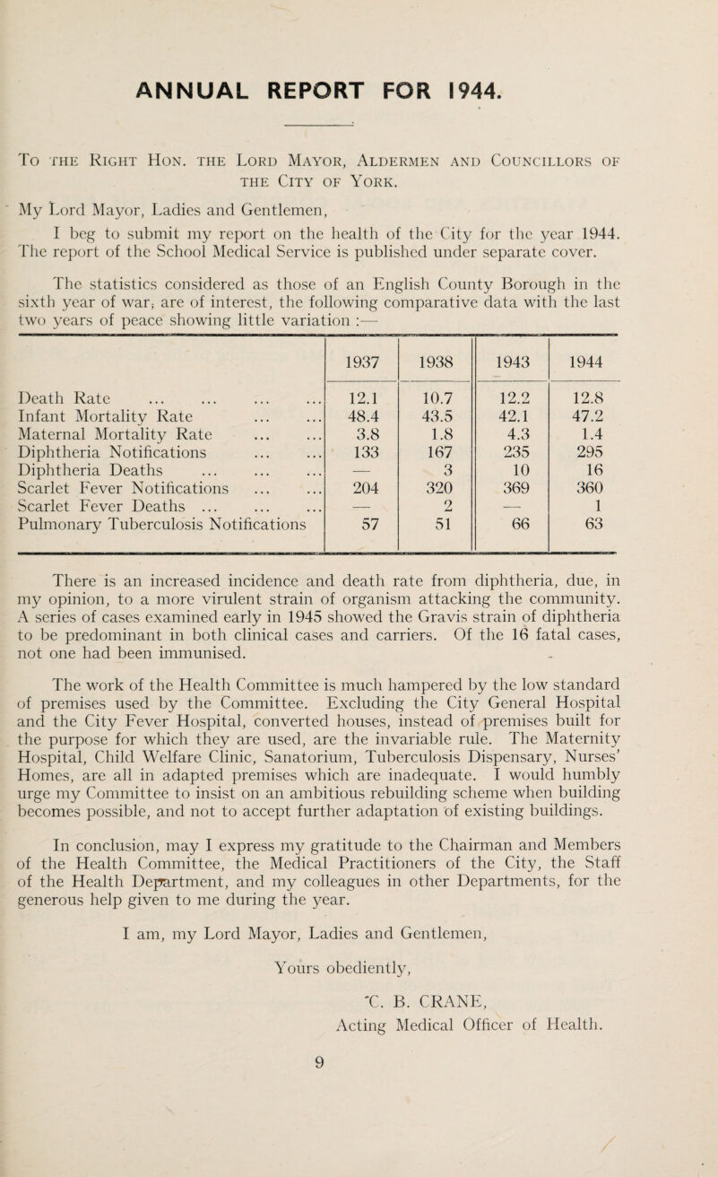 ANNUAL REPORT FOR 1944. To the Right Hon. the Lord Mayor, Aldermen and Councillors of the City of York. My Lord Mayor, Ladies and Gentlemen, I beg to submit my report on the health of the-City for the year 1944. The report of the School Medical Service is published under separate cover. The statistics considered as those of an English County Borough in the sixth year of war,- are of interest, the following comparative data with the last two years of peace showing little variation 1937 1938 1943 1944 Death Rate 12.1 10.7 12.2 12.8 Infant Mortality Rate 48.4 43.5 42.1 47.2 Maternal Mortality Rate 3.8 1.8 4.3 1.4 Diphtheria Notifications 133 167 235 295 Diphtheria Deaths — 3 10 16 Scarlet Fever Notifications 204 320 369 360 Scarlet Fever Deaths ... — 2 — 1 Pulmonary Tuberculosis Notifications 57 51 66 63 There is an increased incidence and death rate from diphtheria, due, in my opinion, to a more virulent strain of organism attacking the community. A series of cases examined early in 1945 showed the Gravis strain of diphtheria to be predominant in both clinical cases and carriers. Of the 16 fatal cases, not one had been immunised. The work of the Health Committee is much hampered by the low standard of premises used by the Committee. Excluding the City General Hospital and the City Fever Hospital, converted houses, instead of premises built for the purpose for which they are used, are the invariable rule. The Maternity Hospital, Child Welfare Clinic, Sanatorium, Tuberculosis Dispensary, Nurses' Homes, are all in adapted premises which are inadequate. I would humbly urge my Committee to insist on an ambitious rebuilding scheme when building becomes possible, and not to accept further adaptation of existing buildings. In conclusion, may I express my gratitude to the Chairman and Members of the Health Committee, the Medical Practitioners of the City, the Staff of the Health Department, and my colleagues in other Departments, for the generous help given to me during the year. I am, my Lord Mayor, Ladies and Gentlemen, Yours obediently, 'C, B. CRANE, Acting Medical Officer of Health.