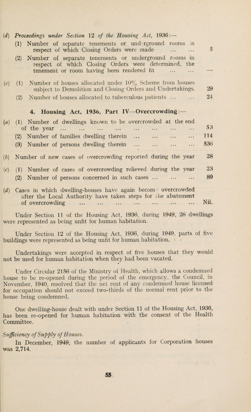 (d) Proceedings under Section 12 of the Housing Act, 1936:— (1) Number of separate tenements or und'^rground rooms in respect of which Closing Orders were made ... ... 5 (2) Number of separate tenements or underground rooms in respect of which Closing Orders were determined, the tenement or room having been rendered fit ... ... — [e) (1) Number of houses allocated under 10% Scheme from houses subject to Demolition and Closing Orders and Undertakings. 29 (2) Number of houses allocated to tuberculous patients ... ... 24 4. Housing Act, 1936, Part IV—Overcrowding.— {a) (1) Number of dwellings known to be overcrowded at the end of the year ... ... ... ... ... ... ... ••• 53 (2) Number of families dwelling therein ... ... ... ... 114 (3) Number of persons dwelling therein ... ... ... ... 536 {b) Number of new cases of overcrowding reported during the year 28 (c) (1) Number of cases of overcrowding relieved during the year 23 (2) Number of persons concerned in such cases ... ... ... 89 {d) Cases in which dwelling-houses have again becom • overcrowded after the Local Authority have taken steps for ihe abatement of overcrowding ... ... ... ... ... ... ... Nil. Under Section 11 of the Housing Act, 1936, during 1949, 26 dwellings were represented as being unfit for human habitation. Under Section 12 of the Housing Act, 1936, during 1949, parts of five buildings were represented as being unfit for human habitation. Undertakings were accepted in respect of five houses that they would not be used for human habitation when they had been vacated. Under Circular 2156 of the Ministry of Health, which allows a condemned house to be re-opened during the period of the emergency, the Council, in November, 1940, resolved that the net rent of any condemned house licensed for occupation should not exceed two-thirds of the normal rent prior to the house being condemned. One dwelling-house dealt with under Section 11 of the Housing Act, 1936, has been re-opened for human habitation with the consent of the Health Committee. Sufficiency of Supply of Houses. In December, 1949, the number of applicants for Corporation houses was 2,714.