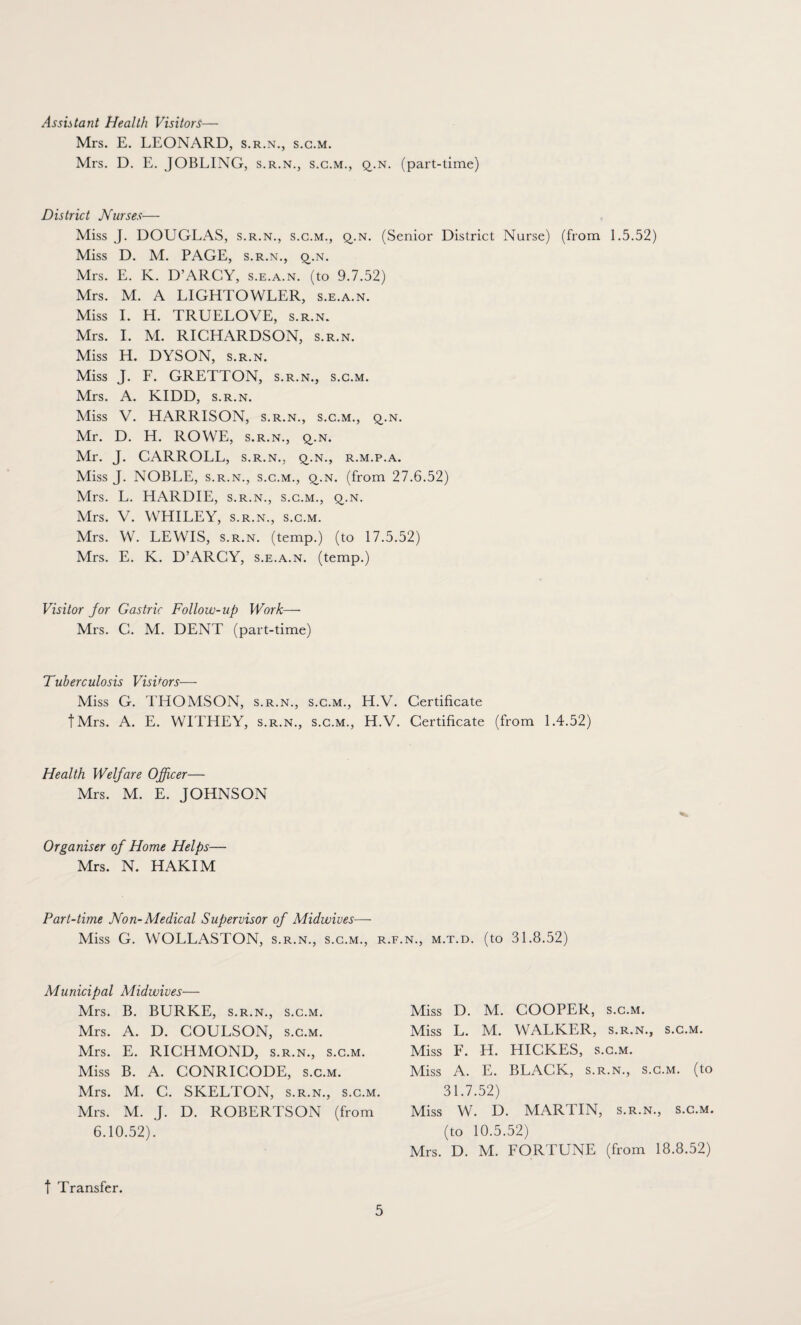 Assistant Health Visitors— Mrs. E. LEONARD, s.r.n., s.g.m. Mrs. D. E. JOBLING, s.r.n., s.g.m., q..n. (part-time) District Nurses— Miss J. DOUGLAS, s.r.n., s.c.m., q.n. (Senior District Nurse) (from 1.5.52) Miss D. M. PAGE, s.r.n., q.n. Mrs. E. K. D’ARCY, s.e.a.n. (to 9.7.52) Mrs. M. A LIGHTOWLER, s.e.a.n. Miss I. H. TRUELOVE, s.r.n. Mrs. I. M. RICHARDSON, s.r.n. Miss H. DYSON, s.r.n. Miss J. F. GRETTON, s.r.n., s.c.m. Mrs. A. KIDD, s.r.n. Miss V. HARRISON, s.r.n., s.c.m., q.n. Mr. D. H. ROWE, s.r.n., q.n. Mr. J. CARROLL, s.r.n., q.n., r.m.p.a. Miss J. NOBLE, s.r.n., s.c.m., q_.n. (from 27.6.52) Mrs. L. HARDIE, s.r.n., s.c.m., q.n. Mrs. V. WHILEY, s.r.n., s.c.m. Mrs. W. LEWIS, s.r.n. (temp.) (to 17.5.52) Mrs. E. K. D’ARCY, s.e.a.n. (temp.) Visitor for Gastric Follow-up Work— Mrs. C. M. DENT (part-time) Tuberculosis Visitors— Miss G. THOMSON, s.r.n., s.c.m., H.V. Certificate tMrs. A. E. WITHEY, s.r.n., s.c.m., H.V. Certificate (from 1.4.52) Health Welfare Officer— Mrs. M. E. JOHNSON Organiser of Home Helps— Mrs. N. HAKIM Part-time Non-Medical Supervisor of Midwives— Miss G. WOLLASTON, s.r.n., s.c.m., r.f.n., m.t.d. (to 31.8.52) Municipal Midwives— Mrs. B. BURKE, s.r.n., s.c.m. Mrs. A. D. COULSON, s.c.m. Mrs. E. RICHMOND, s.r.n., s.c.m. Miss B. A. CONRICODE, s.c.m. Mrs. M. C. SKELTON, s.r.n., s.c.m. Mrs. M. J. D. ROBERTSON (from 6.10.52). Miss D. M. COOPER, s.c.m. Miss L. M. WALKER, s.r.n., s.c.m. Miss F. H. HICKES, s.c.m. Miss A. E. BLACK, s.r.n., s.c.m. (to 31.7.52) Miss W. D. MARTIN, s.r.n., s.c.m. (to 10.5.52) Mrs. D. M. FORTUNE (from 18.8.52) t Transfer.