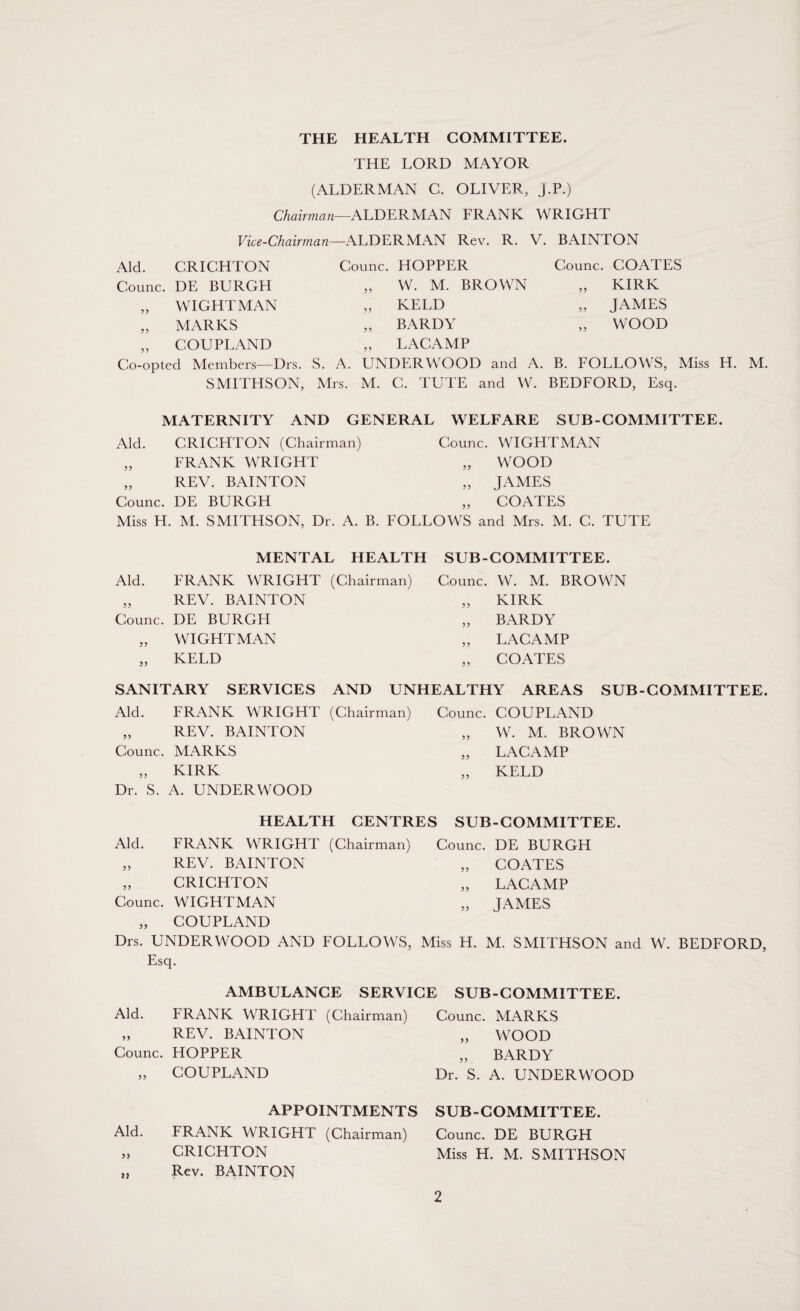 THE HEALTH COMMITTEE. THE LORD MAYOR (ALDERMAN C. OLIVER, J.P.) Chairman—ALDERMAN FRANK WRIGHT Vice-Chairman—ALDERMAN Rev. R. V. BAINTON Aid. CRICHTON Counc. DE BURGH „ WIGHT MAN „ MARKS „ COUPLAND Co-opted Members—Drs. SMITHSON, Counc. HOPPER Counc. COATES „ W. M. BROWN „ KIRK „ KELD „ JAMES „ BARDY „ WOOD „ LACAMP S. A. UNDERWOOD and A. B. FOLLOWS, Miss H. Mrs. M. C. TUTE and W. BEDFORD, Esq. M. MATERNITY AND GENERAL WELFARE SUB-COMMITTEE. Aid. CRICHTON (Chairman) Counc. WIGHTMAN „ FRANK WRIGHT >> WOOD „ REV. BAINTON JAMES Counc. DE BURGH 55 COATES Miss H. M. SMITHSON, Dr. A. B. FOLLOWS and Mrs. M. C. TUTE MENTAL HEALTH SUB-COMMITTEE. Aid. FRANK WRIGHT (Chairman) „ REV. BAINTON Counc. DE BURGH „ WIGHTMAN „ KELD Counc. W. M. BROWN „ KIRK „ BARDY „ LACAMP „ COATES SANITARY SERVICES AND UNHEALTHY AREAS SUB-COMMITTEE. Aid. FRANK WRIGHT (Chairman) „ REV. BAINTON Counc. MARKS „ KIRK Dr. S. A. UNDERWOOD Counc. COUPLAND „ W. M. BROWN „ LACAMP „ KELD HEALTH CENTRES SUB-COMMITTEE. Aid. FRANK WRIGHT (Chairman) Counc. DE BURGH „ REV. BAINTON „ COATES „ CRICHTON „ LACAMP Counc. WIGHTMAN „ JAMES „ COUPLAND Drs. UNDERWOOD AND FOLLOWS, Miss H. M. SMITHSON and W. BEDFORD, Esq. AMBULANCE SERVICE SUB-COMMITTEE. Aid. FRANK WRIGHT (Chairman) „ REV. BAINTON Counc. HOPPER „ COUPLAND Counc. MARKS „ WOOD „ BARDY Dr. S. A. UNDERWOOD Aid. APPOINTMENTS FRANK WRIGHT (Chairman) CRICHTON Rev. BAINTON SUB-COMMITTEE. Counc. DE BURGH Miss H. M. SMITHSON