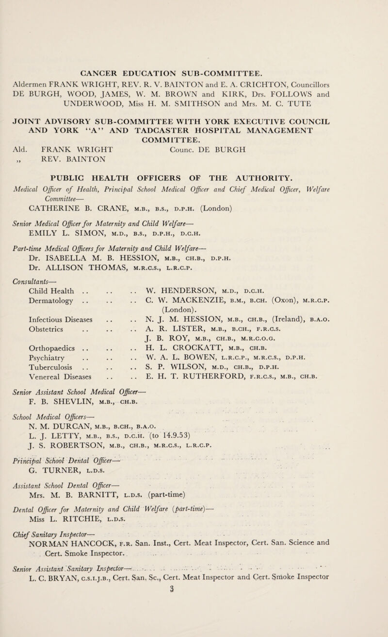 CANCER EDUCATION SUB-COMMITTEE. Aldermen FRANK WRIGHT, REV. R. V. BAINTON and E. A. CRICHTON, Councillors DE BURGH, WOOD, JAMES, W. M. BROWN and KIRK, Drs. FOLLOWS and UNDERWOOD, Miss H. M. SMITHSON and Mrs. M. C. TUTE JOINT ADVISORY SUB-COMMITTEE WITH YORK EXECUTIVE COUNCIL AND YORK “A” AND TADCASTER HOSPITAL MANAGEMENT COMMITTEE. Aid. FRANK WRIGHT Counc. DE BURGH „ REV. BAINTON PUBLIC HEALTH OFFICERS OF THE AUTHORITY. Medical Officer of Health, Principal School Medical Officer and Chief Medical Officer, Welfare Committee— CATHERINE B. CRANE, m.b., b.s., d.p.h. (London) Senior Medical Officer for Maternity and Child Welfare— EMILY L. SIMON, m.d., b.s., d.p.h., d.c.h. Part-time Medical Officers for Maternity and Child Welfare— Dr. ISABELLA M. B. HESSION, m.b., ch.b., d.p.h. Dr. ALLISON THOMAS, m.r.c.s., l.r.c.p. Consultants— Child Health .. Dermatology Infectious Diseases Obstetrics Orthopaedics . . Psychiatry Tuberculosis Venereal Diseases W. HENDERSON, m.d., d.c.h. C. W. MACKENZIE, b.m., b.ch. (Oxon), m.r.c.p. (London). N. J. M. HESSION, m.b., ch.b., (Ireland), b.a.o. A. R. LISTER, m.b., b.ch., f.r.c.s. J. B. ROY, M.B., CH.B., M.R.C.O.G. H. L. CROCKATT, m.b., ch.b. W. A. L. BOWEN, l.r.c.p., m.r.c.s., d.p.h. S. P. WILSON, M.D., CH.B., D.P.H. E. H. T. RUTHERFORD, f.r.c.s., m.b., ch.b. Senior Assistant School Medical Officer— F. B. SHEVLIN, m.b., ch.b. School Medical Officers—• N. M. DURCAN, m.b., b.ch., b.a.o. L. J. LETTY, m.b., b.s., d.c.h. (to 14.9.53) J. S. ROBERTSON, m.b., ch.b., m.r.c.s., l.r.c.p. Principal School Dental Officer—- G. TURNER, l.d.s. Assistant School Dental Officer— Mrs. M. B. BARNITT, l.d.s. (part-time) Dental Officer for Maternity and Child Welfare (part-time) — Miss L. RITCHIE, l.d.s. Chief Sanitary Inspector— - NORMAN HANCOCK, f.r. San. Inst., Cert. Meat Inspector, Cert. San. Science and Cert. Smoke Inspector. Senior AssistantSanitary Inspector—-.....*- -- .. - •• ••*••• - - • . L. C. BRYAN, c.s.i.j.b., Cert. San. Sc,, Cert. Meat Inspector and Cert. Smoke Inspector