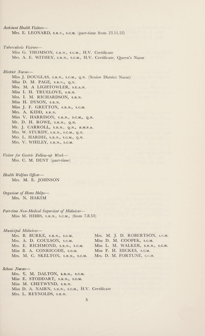 Assistant Health Visitors— Mrs. E. LEONARD, s.r.n., s.c.m. (part-time from 23.11.53) Tuberculosis Visitors— Miss G. THOMSON, s.r.n., s.c.m., H.V. Certificate Mrs. A. E. WITHEY, s.r.n., s.c.m., H.V. Certificate, Queen’s Nurse District Nurses— Miss J. DOUGLAS, s.r.n., s.c.m., q.n. (Senior District Nurse) Miss D. M. PAGE, s.r.n., q.n. Mrs. M. A LIGHTOWLER, s.e.a.n. Miss I. H. TRUELOVE, s.r.n. Mrs. I. M. RICHARDSON, s.r.n. Miss H. DYSON, s.r.n. Miss J. F. GRETTON, s.r.n., s.c.m. Mrs. A. KIDD, s.r.n. Miss V. HARRISON, s.r.n., s.c.m., q.n. Mr. D. H. ROWE, s.r.n., q,.n. Mr. J. CARROLL, s.r.n., q,.n., r.m.p.a. Mrs. W. STURDY, s.r.n., s.c.m., £.n. Mrs. L. HARDIE, s.r.n., s.c.m., q.n. Mrs. V. WHILEY, s.r.n., s.c.m. Visitor jor Gastric Follow-up Work— Mrs. C. M. DENT (part-time) Health Welfare Officer— Mrs. M. E. JOHNSON Organiser of Home Helps— Mrs. N. HAKIM Part-time Non-Medical Supervisor of Midwives— Miss M. HIBBS, s.r.n., s.c.m., (from 7.8.53) Municipal Midwives— Mrs. B. BURKE, s.r.n., s.c.m. Mrs. A. D. COULSON, s.c.m. Mrs. E. RICHMOND, s.r.n., s.c.m. Miss B. A. CONRICODE, s.c.m. Mrs. M. C. SKELTON, s.r.n., s.c.m. Mrs. M. J. D. ROBERTSON, s Miss D. M. COOPER, s.c.m. Miss L. M. WALKER, s.r.n., s, Miss F. H. HICKES, s.c.m. Mrs. D. M. FORTUNE, s.c.m. School Nurses— Mrs. E. M. DALTON, s.r.n., s.c.m. Miss E. STODDART, s.r.n., s.c.m. Miss M. CHETWYND, s.r.n. Miss D. A. NAIRN, s.r.n., s.c.m., H.V. Certificate Mrs. L. REYNOLDS, s.r.n. .C.M. .C.M.