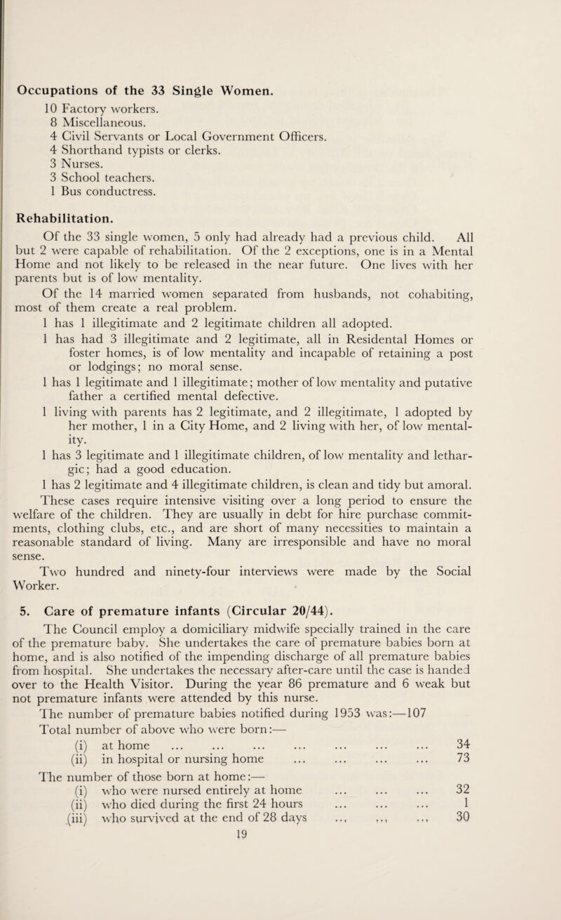 Occupations of the 33 Single Women. 10 Factory workers. 8 Miscellaneous. 4 Civil Servants or Local Government Officers. 4 Shorthand typists or clerks. 3 Nurses. 3 School teachers. 1 Bus conductress. Rehabilitation. Of the 33 single women, 5 only had already had a previous child. All but 2 were capable of rehabilitation. Of the 2 exceptions, one is in a Mental Home and not likely to be released in the near future. One lives with her parents but is of low mentality. Of the 14 married women separated from husbands, not cohabiting, most of them create a real problem. 1 has 1 illegitimate and 2 legitimate children all adopted. 1 has had 3 illegitimate and 2 legitimate, all in Residental Homes or foster homes, is of low mentality and incapable of retaining a post or lodgings; no moral sense. 1 has 1 legitimate and 1 illegitimate; mother of low mentality and putative father a certified mental defective. 1 living with parents has 2 legitimate, and 2 illegitimate, 1 adopted by her mother, 1 in a City Home, and 2 living with her, of low mental¬ ity- 1 has 3 legitimate and 1 illegitimate children, of low mentality and lethar¬ gic; had a good education. 1 has 2 legitimate and 4 illegitimate children, is clean and tidy but amoral. These cases require intensive visiting over a long period to ensure the welfare of the children. They are usually in debt for hire purchase commit¬ ments, clothing clubs, etc., and are short of many necessities to maintain a reasonable standard of living. Many are irresponsible and have no moral sense. Two hundred and ninety-four interviews were made by the Social Worker. 5. Care of premature infants (Circular 20/44). The Council employ a domiciliary midwife specially trained in the care of the premature baby. She undertakes the care of premature babies born at home, and is also notified of the impending discharge of all premature babies from hospital. She undertakes the necessary after-care until the case is handed over to the Health Visitor. During the year 86 premature and 6 weak but not premature infants were attended by this nurse. The number of premature babies notified during 1953 was:—107 Total number of above who were born:— (i) at home (ii) in hospital or nursing home The number of those born at home:— (i) who were nursed entirely at home (ii) who died during the first 24 hours (iii) who survived at the end of 28 days 19 34 73 32 1 30
