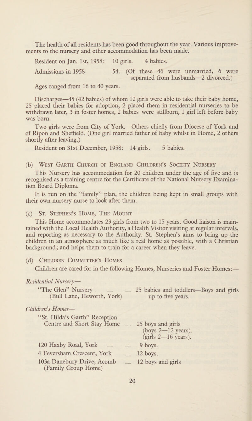 The health of all residents has been good throughout the year. Various improve¬ ments to the nursery and other accommodation has been made. Resident on Jan. 1st, 1958: 10 girls. 4 babies. Admissions in 1958 54. (Of these 46 were unmarried, 6 were separated from husbands—2 divorced.) Ages ranged from 16 to 40 years. Discharges—45 (42 babies) of whom 12 girls were able to take their baby home, 25 placed their babies for adoption, 2 placed them in residential nurseries to be withdrawn later, 3 in foster homes, 2 babies were stillborn, 1 girl left before baby was born. Two girls were from City of York. Others chiefly from Diocese of York and of Ripon and Sheffield. (One girl married father of baby whilst in Home, 2 others shortly after leaving.) Resident on 31st December, 1958: 14 girls. 5 babies. (b) West Garth Church of England Children’s Society Nursery This Nursery has accommodation for 20 children under the age of five and is recognised as a training centre for the Certificate of the National Nursery Examina¬ tion Board Diploma. It is run on the “family” plan, the children being kept in small groups with their own nursery nurse to look after them. (c) St. Stephen’s Home, The Mount This Home accommodates 23 girls from two to 15 years. Good liaison is main¬ tained with the Local Health Authority, a Health Visitor visiting at regular intervals, and reporting as necessary to the Authority. St. Stephen’s aims to bring up the children in an atmosphere as much like a real home as possible, with a Christian background; and helps them to train for a career when they leave. (d) Children Committee’s Homes Children are cared for in the following Homes, Nurseries and Foster Homes:— Residential Nursery— “The Glen” Nursery (Bull Lane, Heworth, York) Children's Homes— “St. Hilda’s Garth” Reception Centre and Short Stay Home 120 Haxby Road, York 4 Feversham Crescent, York 103a Danebury Drive, Acomb (Family Group Home) 25 babies and toddlers—Boys and girls up to five years. 25 boys and girls (boys 2—12 years), (girls 2—16 years). 9 boys. 12 boys. 12 boys and girls