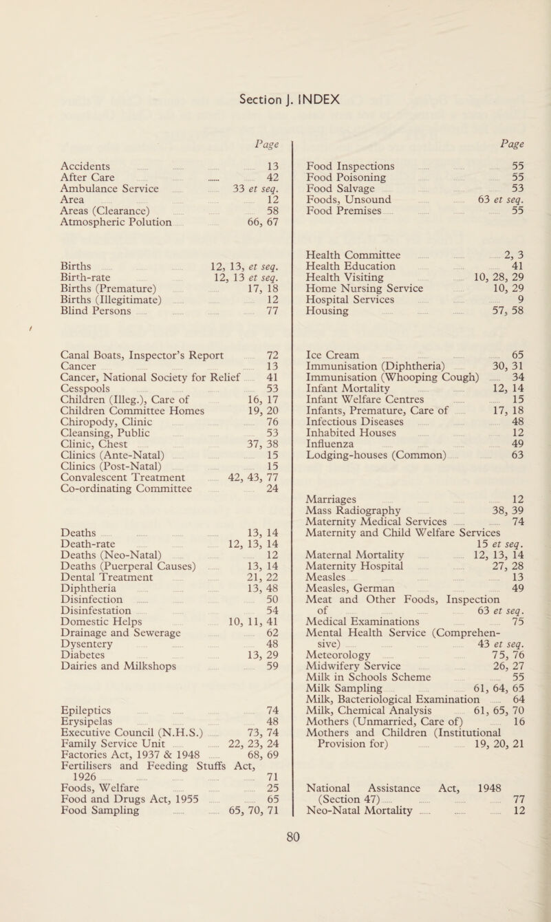 Section J. INDEX Page Accidents 13 After Care 42 Ambulance Service 33 et seq. Area 12 Areas (Clearance) 58 Atmospheric Polution 66, 67 Births 12, 13, et seq. Birth-rate 12, 13 et seq. Births (Premature) 17, 18 Births (Illegitimate) 12 Blind Persons 77 Canal Boats, Inspector’s Report 72 Cancer 13 Cancer, National Society for Relief 41 Cesspools 53 Children (Illeg.)j Care of 16, 17 Children Committee Homes 19, 20 Chiropody, Clinic 76 Cleansing, Public 53 Clinic, Chest 37, 38 Clinics (Ante-Natal) 15 Clinics (Post-Natal) 15 Convalescent Treatment 42, 43, 77 Co-ordinating Committee 24 Deaths 13, 14 Death-rate 12, 13, 14 Deaths (Neo-Natal) 12 Deaths (Puerperal Causes) 13, 14 Dental Treatment 21, 22 Diphtheria 13, 48 Disinfection 50 Disinfestation 54 Domestic Helps 10, 11, 41 Drainage and Sewerage 62 Dysentery 48 Diabetes 13, 29 Dairies and Milkshops 59 Epileptics 74 Erysipelas 48 Executive Council (N.H.S.) 73, 74 Family Service Unit 22, 23, 24 Factories Act, 1937 & 1948 68, 69 Fertilisers and Feeding Stuffs Act, 1926 71 Foods, Welfare 25 Food and Drugs Act, 1955 65 Food Sampling 65, 70, 71 Page Food Inspections 55 Food Poisoning 55 Food Salvage 53 Foods, Unsound 63 et seq. Food Premises 55 Health Committee 2, 3 Health Education 41 Health Visiting 10, 28, 29 Home Nursing Service 10, 29 Hospital Services 9 Housing 57, 58 Ice Cream 65 Immunisation (Diphtheria) 30, 31 Immunisation (Whooping Cough) . 34 Infant Mortality 12, 14 Infant Welfare Centres 15 Infants, Premature, Care of 17, 18 Infectious Diseases 48 Inhabited Houses 12 Influenza 49 Lodging-houses (Common) 63 Marriages 12 Mass Radiography 38, 39 Maternity Medical Services . 74 Maternity and Child Welfare Services 15 et seq. Maternal Mortality 12, 13, 14 Maternity Hospital 27, 28 Measles 13 Measles, German 49 Meat and Other Foods, Inspection of 63 et seq. Medical Examinations 75 Mental Health Service (Comprehen¬ sive) 43 et seq. Meteorology 75, 76 Midwifery Service 26, 27 Milk in Schools Scheme 55 Milk Sampling 61, 64, 65 Milk, Bacteriological Examination 64 Milk, Chemical Analysis 61, 65, 70 Mothers (Unmarried, Care of) 16 Mothers and Children (Institutional Provision for) 19, 20, 21 National Assistance Act, 1948 (Section 47) ... . . 77 Neo-Natal Mortality . 12