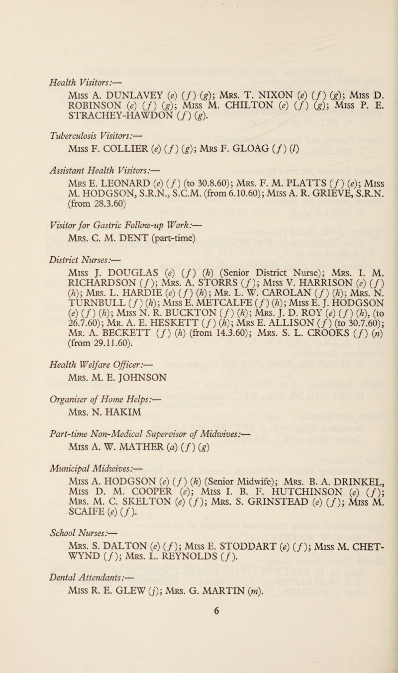 Health Visitors:— Miss A. DUNLAVEY (e) (/) (g); Mrs. T. NIXON (e) (/) (g); Miss D. ROBINSON 0) (/) (g); Miss M. CHILTON (e) (/) (s); Miss P. E. STRACHEY-HAWDON (/) (^). Tuberculosis Visitors:— Miss F. COLLIER («)(/) (*); Mrs F. GLOAG (/)(/) Assistant Health Visitors:— Mrs E. LEONARD (e) (/) (to 30.8.60); Mrs. F. M. PLATTS (/) (<?); Miss M. HODGSON, S.R.N., S.C.M. (from 6.10.60); Miss A. R. GRIEVE, S.R.N. (from 28.3.60) Visitor for Gastric Follow-up Work:— Mrs. C. M. DENT (part-time) District Nurses:— Miss J. DOUGLAS (e) (/) (h) (Senior District Nurse); Mrs. I. M. RICHARDSON (/); Mrs. A. STORRS (/); Miss V. HARRISON (e) (/) (k); Mrs. L. HARDIE (e) (/) (k); Mr. L. W. CAROLAN (/) (h); Mrs. N. TURNBULL (/) (h); Miss E. METCALFE (/) (h); Miss E. J. HODGSON (e) (/) (h); Miss N. R. BUCKTON (/) (A); Mrs. J. D. ROY (e) (/) (h), (to 26.7.60); Mr. A. E. HESKETT (/) (/z); Mrs E. ALLISON (/) (to 30.7.60); Mr. A. BECKETT (/) (h) (from 14.3.60); Mrs. S. L. CROOKS (/) (») (from 29.11.60). Health Welfare Officer:— Mrs. M. E. JOHNSON Organiser of Home Helps:— Mrs. N. HAKIM Part-time Non-Medical Supervisor of Midwives:— Miss A. W. MATHER (a) (/) (g) Municipal Midwives:— Miss A. HODGSON (e) (/) (h) (Senior Midwife); Mrs. B. A. DRINKEL, Miss D. M. COOPER (<?); Miss I. B. F. HUTCHINSON (e) (/); Mrs. M. C. SKELTON (e) (/); Mrs. S. GRINSTEAD (e) (/); Miss M. SCAIFE (e) (/). School Nurses:— Mrs. S. DALTON (e) (/); Miss E. STODDART (e) (/); Miss M. CHET- WYND (/); Mrs. L. REYNOLDS (/). Dental Attendants:— Miss R. E. GLEW (j); Mrs. G. MARTIN (m).