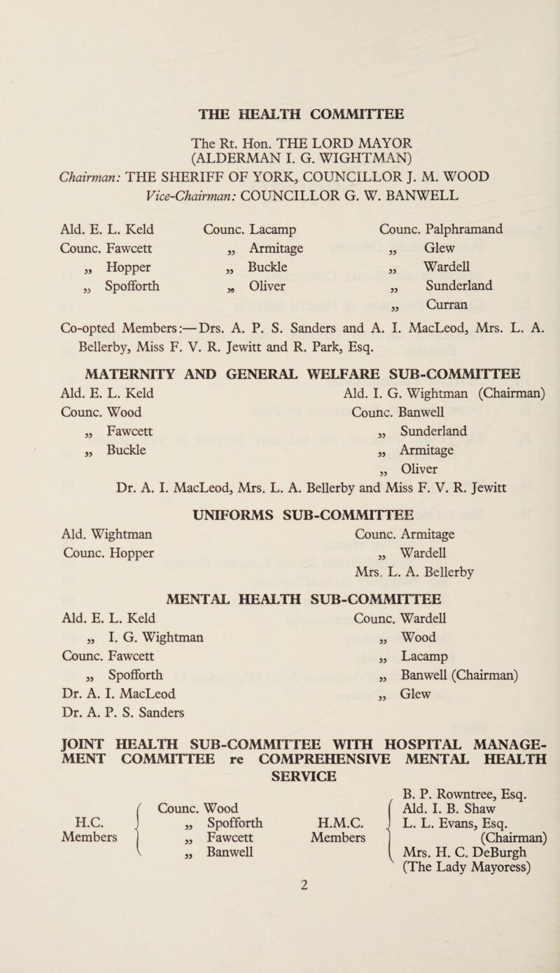 THE HEALTH COMMITTEE The Rt. Hon. THE LORD MAYOR (ALDERMAN I. G. WIGHTMAN) Chairman: THE SHERIFF OF YORK, COUNCILLOR J. M. WOOD Vice-Chairman: COUNCILLOR G. W. BANWELL Aid. E. L. Keld Counc. Lacamp Counc. Palphramand Counc. Fawcett „ Armitage „ Glew „ Hopper ,, Buckle „ Warden „ Spofforth „ Oliver „ Sunderland „ Curran Co-opted Members:—Drs. A. P. S. Sanders and A. I. MacLeod, Mrs. L. A. Bellerby, Miss F. V. R. Jewitt and R. Park, Esq. MATERNITY AND GENERAL WELFARE SUB-COMMITTEE Aid. E. L. Keld Aid. I. G. Wightman (Chairman) Counc. Wood Counc. Banwell Fawcett „ Sunderland Buckle „ Armitage „ Oliver Dr. A. I. MacLeod, Mrs. L. A. Bellerby and Miss F. V. R. Jewitt 55 55 UNIFORMS SUB-COMMITTEE Aid. Wightman Counc. Armitage Counc. Hopper ,, Wardell Mrs, L. A. Bellerby MENTAL HEALTH SUB-COMMITTEE Aid. E. L. Keld „ I. G. Wightman Counc. Fawcett „ Spofforth Dr. A. I. MacLeod Dr. A. P. S. Sanders Counc. Wardell „ Wood „ Lacamp „ Banwell (Chairman) „ Glew JOINT HEALTH SUB-COMMITTEE WITH HOSPITAL MANAGE¬ MENT COMMITTEE re COMPREHENSIVE MENTAL HEALTH SERVICE H.C. Members Counc. Wood „ Spofforth „ Fawcett „ Banwell H.M.C. Members B. P. Rowntree, Esq. Aid. I. B. Shaw L. L. Evans, Esq. (Chairman) Mrs. H. C. DeBurgh (The Lady Mayoress)