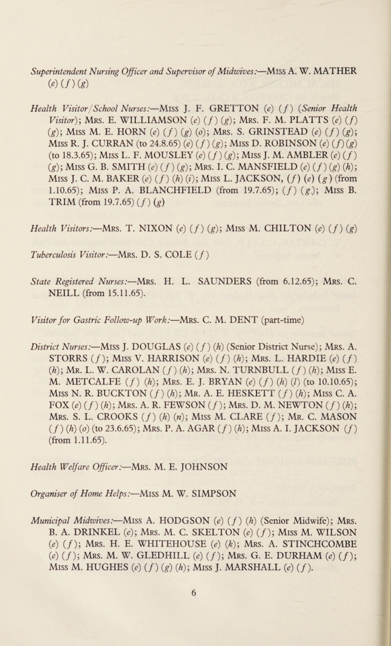 Superintendent Nursing Officer and Supervisor of Midwives:—Miss A. W. MATHER «(/)(*) Health Visitor/School Nurses:—Miss J. F. GRETTON (e) (/) (Senior Health Visitor)-, Mrs. E. WILLIAMSON (e) (/) (g); Mrs. F. M. PLATTS (e) (/) (g); Miss M. E. HORN (e) (/) (g) (o); Mrs. S. GRINSTEAD (e) (/) O); Miss R. J. CURRAN (to 24.8.65) (e) (/) (g); Miss D. ROBINSON (e) (/) ($) (to 18.3.65); Miss L. F. MOUSLEY (e) (/) (g); Miss J. M. AMBLER (e) (/) (g); Miss G. B. SMITH («) (/) (^); Mrs. I. C. MANSFIELD (e) (/) (^) (A); Miss J. C. M. BAKER (e) (/) (h) (i); Miss L. JACKSON, (/) (e) (^) (from 1.10.65); Miss P. A. BLANCHFIELD (from 19.7.65); (/) (g); Miss B. TRIM (from 19.7.65) (/) (g) Health Visitors:—Mrs. T. NIXON (e) (/) (^); Miss M. CHILTON (e) (/) (g) Tuberculosis Visitor:—Mrs. D. S. COLE (/) State Registered Nurses:—Mrs. H. L. SAUNDERS (from 6.12.65); Mrs. C. NEILL (from 15.11.65). Visitor for Gastric Follow-up Work:—Mrs. C. M. DENT (part-time) District Nurses:—Miss J. DOUGLAS (e) (/) (h) (Senior District Nurse); Mrs. A. STORRS (/); Miss V. HARRISON (e) (/) (h); Mrs. L. HARDIE (e) (/) (h); Mr. L. W. CAROLAN (/) (h); Mrs. N. TURNBULL (/) (h); Miss E. M. METCALFE (/) (h); Mrs. E. J. BRYAN (e) (/) (h) (/) (to 10.10.65); Miss N. R. BUCKTON (/) (h); Mr. A. E. HESKETT (/) (h); Miss C. A. FOX (e) {f) (h); Mrs. A. R. FEWSON (/); Mrs. D. M. NEWTON (/) (h); Mrs. S. L. CROOKS (/) (h) («); Miss M. CLARE (/); Mr. C. MASON (/) (h) (o) (to 23.6.65); Mrs. P. A. AGAR (/) (A); Miss A. I. JACKSON (/) (from 1.11.65). Health Welfare Officer:—Mrs. M. E. JOHNSON Organiser of Home Helps:—Miss M. W. SIMPSON Municipal Mid-wives:—Miss A. HODGSON (e) (/) (h) (Senior Midwife); Mrs. B. A. DRINKEL (e); Mrs. M. C. SKELTON (e) (/); Miss M. WILSON (e) (/); Mrs. H. E. WHITEHOUSE (e) (k); Mrs. A. STINCHCOMBE 0e) (/); Mrs. M. W. GLEDHILL (e) (/); Mrs. G. E. DURHAM (e) (/); Miss M. HUGHES (e) (/) (g) (h); Miss J. MARSHALL (e) (/).