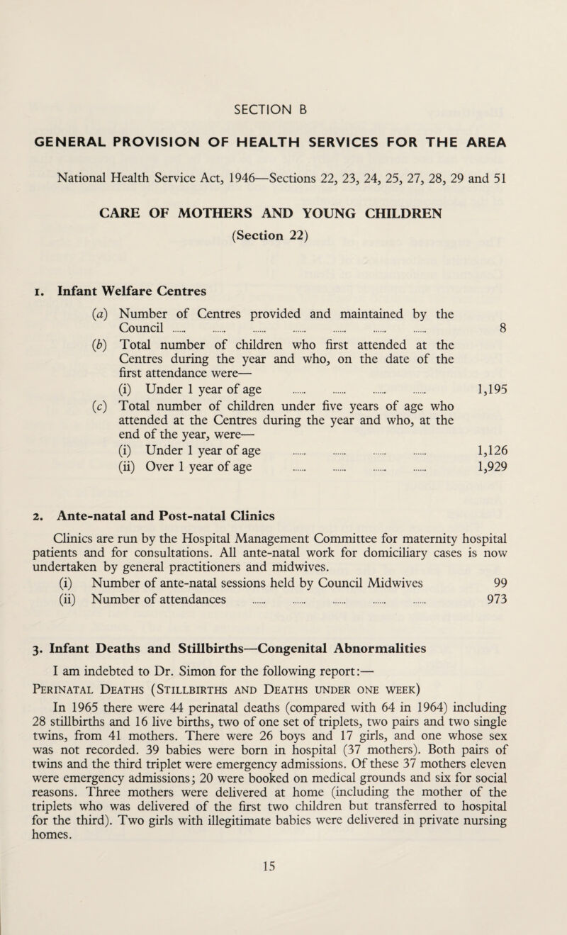 SECTION B GENERAL PROVISION OF HEALTH SERVICES FOR THE AREA National Health Service Act, 1946—Sections 22, 23, 24, 25, 27, 28, 29 and 51 CARE OF MOTHERS AND YOUNG CHILDREN (Section 22) i. Infant Welfare Centres (a) Number of Centres provided and maintained by the Council . 8 (b) Total number of children who first attended at the Centres during the year and who, on the date of the first attendance were— (i) Under 1 year of age . 1,195 (c) Total number of children under five years of age who attended at the Centres during the year and who, at the end of the year, were— (i) Under 1 year of age . 1,126 (ii) Over 1 year of age . 1,929 2. Ante-natal and Post-natal Clinics Clinics are run by the Hospital Management Committee for maternity hospital patients and for consultations. All ante-natal work for domiciliary cases is now undertaken by general practitioners and midwives. (i) Number of ante-natal sessions held by Council Midwives 99 (ii) Number of attendances . 973 3. Infant Deaths and Stillbirths—Congenital Abnormalities I am indebted to Dr. Simon for the following report:— Perinatal Deaths (Stillbirths and Deaths under one week) In 1965 there were 44 perinatal deaths (compared with 64 in 1964) including 28 stillbirths and 16 live births, two of one set of triplets, two pairs and two single twins, from 41 mothers. There were 26 boys and 17 girls, and one whose sex was not recorded. 39 babies were born in hospital (37 mothers). Both pairs of twins and the third triplet were emergency admissions. Of these 37 mothers eleven were emergency admissions; 20 were booked on medical grounds and six for social reasons. Three mothers were delivered at home (including the mother of the triplets who was delivered of the first two children but transferred to hospital for the third). Two girls with illegitimate babies were delivered in private nursing homes.