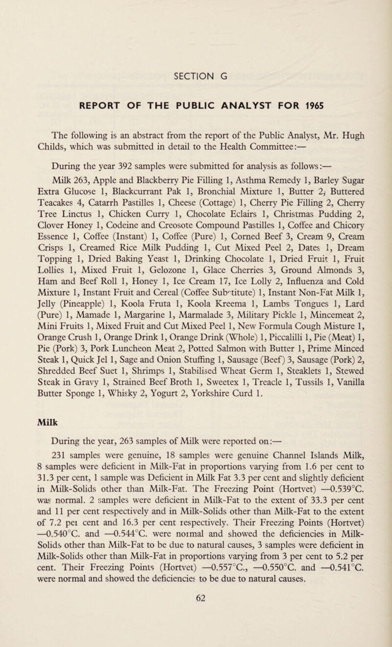 REPORT OF THE PUBLIC ANALYST FOR 1965 The following is an abstract from the report of the Public Analyst, Mr. Hugh Childs, which was submitted in detail to the Health Committee:— During the year 392 samples were submitted for analysis as follows:— Milk 263, Apple and Blackberry Pie Filling 1, Asthma Remedy 1, Barley Sugar Extra Glucose 1, Blackcurrant Pak 1, Bronchial Mixture 1, Butter 2,> Buttered Teacakes 4, Catarrh Pastilles 1, Cheese (Cottage) 1, Cherry Pie Filling 2, Cherry Tree Linctus 1, Chicken Curry 1, Chocolate Eclairs 1, Christmas Pudding 2, Clover Honey 1, Codeine and Creosote Compound Pastilles 1, Coffee and Chicory Essence 1, Coffee (Instant) 1, Coffee (Pure) 1, Corned Beef 3, Cream 9, Cream Crisps 1, Creamed Rice Milk Pudding 1, Cut Mixed Peel 2, Dates 1, Dream Topping 1, Dried Baking Yeast 1, Drinking Chocolate 1, Dried Fruit 1, Fruit Lollies 1, Mixed Fruit 1, Gelozone 1, Glace Cherries 3, Ground Almonds 3, Ham and Beef Roll 1, Honey 1, Ice Cream 17, Ice Lolly 2, Influenza and Cold Mixture 1, Instant Fruit and Cereal (Coffee Sub°titute) 1, Instant Non-Fat Milk 1, Jelly (Pineapple) 1, Koola Fruta 1, Koola Kreema 1, Lambs Tongues 1, Lard (Pure) 1, Mamade 1, Margarine 1, Marmalade 3, Military Pickle 1, Mincemeat 2, Mini Fruits 1, Mixed Fruit and Cut Mixed Peel 1, New Formula Cough Misture 1, Orange Crush 1, Orange Drink 1, Orange Drink (Whole) 1, Piccalilli 1, Pie (Meat) 1, Pie (Pork) 3, Pork Luncheon Meat 2, Potted Salmon with Butter 1, Prime Minced Steak 1, Quick Jel 1, Sage and Onion Stuffing 1, Sausage (Beef) 3, Sausage (Pork) 2, Shredded Beef Suet 1, Shrimps 1, Stabilised Wheat Germ 1, Steaklets 1, Stewed Steak in Gravy 1, Strained Beef Broth 1, Sweetex 1, Treacle 1, Tussils 1, Vanilla Butter Sponge 1, Whisky 2, Yogurt 2, Yorkshire Curd 1. Milk During the year, 263 samples of Milk were reported on:— 231 samples were genuine, 18 samples were genuine Channel Islands Milk, 8 samples were deficient in Milk-Fat in proportions varying from 1.6 per cent to 31.3 per cent, 1 sample was Deficient in Milk Fat 3.3 per cent and slightly deficient in Milk-Solids other than Milk-Fat. The Freezing Point (Hortvet) —0.539°C. was normal. 2 samples were deficient in Milk-Fat to the extent of 33.3 per cent and 11 per cent respectively and in Milk-Solids other than Milk-Fat to the extent of 7.2 pei cent and 16.3 per cent respectively. Their Freezing Points (Hortvet) —0.540°C. and —0.544°C. were noimal and showed the deficiencies in Milk- Solids other than Milk-Fat to be due to natural causes, 3 samples were deficient in Milk-Solids other than Milk-Fat in proportions varying from 3 per cent to 5.2 per cent. Their Freezing Points (Hortvet) —0.557°C., —0.550°C. and —0.541°C. were normal and showed the deficiencies to be due to natural causes.