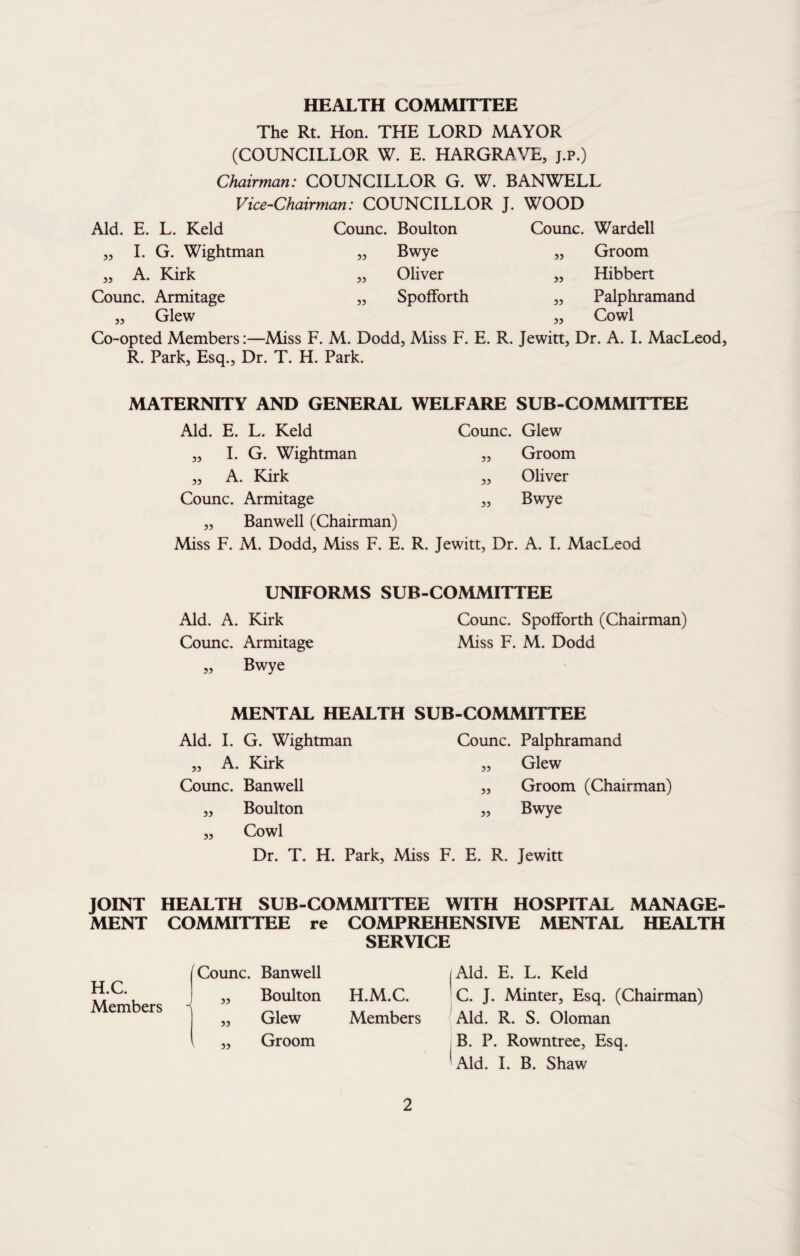 HEALTH COMMITTEE The Rt. Hon. THE LORD MAYOR (COUNCILLOR W. E. HARGRAVE, j.p.) Chairman: COUNCILLOR G. W. BANWELL Vice-Chairman: COUNCILLOR J. WOOD Aid. E. L. Keld Counc. Boulton Counc. Wardell I. G. Wightman „ Bwye „ Groom A. Kirk „ Oliver „ Hibbert Counc. Armitage „ Spofforth „ Palphramand „ Glew „ Cowl Co-opted Members:—Miss F. M. Dodd, Aliss F. E. R. Jewitt, Dr. A. I. MacLeod, R. Park, Esq., Dr. T. H. Park. 55 55 MATERNITY AND GENERAL WELFARE SUB-COMMITTEE Aid. E. L. Keld Counc. Glew „ LG. Wightman 55 Groom „ A. Kirk 55 Oliver Counc. Armitage 55 Bwye „ Banwell (Chairman) Miss F. M. Dodd, Miss F. E. R. Jewitt, Dr. A. I. MacLeod UNIFORMS SUB-COMMITTEE Aid. A. Kirk Counc. Spofforth (Chairman) Counc. Armitage Miss F. M. Dodd 55 Bwye MENTAL HEALTH SUB-COMMITTEE Aid. I. G. Wightman Counc. Palphramand „ A. Kirk „ Glew Counc. Banwell ,, Groom (Chairman) „ Boulton 55 Bwye ,, Cowl Dr. T. H. Park, Miss F. E. R. Jewitt JOINT HEALTH SUB-COMMITTEE WITH HOSPITAL MANAGE¬ MENT COMMITTEE re COMPREHENSIVE MENTAL HEALTH /Aid. E. L. Keld |C. J. Minter, Esq. (Chairman) jAld. R. S. Oloman j B. P. Rowntree, Esq. Aid. 1. B. Shaw SERVIC] H.C. Members -{ Counc. Banwell Boulton Glew Groom 55 55 H.M.C. Members 55