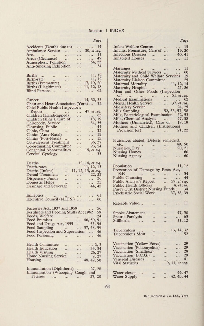 Section I INDEX Page Page Accidents (Deaths due to) Ambulance Service Area Areas (Clearance) Atmospheric Pollution Anti-Smoking Exhibition ... 14 30, et seq. ... 11 ... 49 54, 55 ... 34 Births ... Birth-rate Births (Premature) Births (Illegitimate) Bhnd Persons ... 11, 12 11, 12 17, 19, 20 11, 12, 18 ... 62 Cancer ... ... ... 14,32, 33 Chest and Heart Association (York) ... 32 Chief Public Health Inspector’s Report ... ... ... 47, et seq. Children (Handicapped) ... ... 63 Children (Illeg.), Care of ... 18,19 Chiropody, Service ... ... 34, 35 Cleansing, Public ... ... ... 44 Clinic, Chest ... ... ... 32 Chnics (Ante-Natal) ... ... 15 Clinics (Post-Natal) ... ... ... 15 Convalescent Treatment ... 36, 37 Co-ordinating Committee ... 23, 24 Congenital Abnormalities ... 15, er seq. Cervical Cytology ... ... ... 33 Deaths Death-rates Deaths (Infant) Dental Treatment Dispensary Funds Domestic Helps Drainage and Sewerage 11, 12, 14, et seq. .. 11,12,13 12, 13, et seq. 22, 23 . 36 .35 44,45 Epileptics ... ... ... ... 61 Executive Council (N.H.S.) ... ... 60 Factories Act, 1937 and 1959 ... 56 Fertilisers and Feeding Stuffs Act 1962 59 Foods, Welfare ... ... ... 24 Food Premises ... ... 46, 50, 51 Food and Drugs Act, 1955 ... 53, 54 Food Sampling ... ... 57, 58, 59 Food Inspection and Supervision ... 46 Food Poisoning ... ... ... 46 Health Committee Health Education Health Visiting Home Nursing Service Housing .2, 3 33,34 26,27 9 27 48, 49^50 Immunisation (Diphtheria) ... 27, 28 Immunisation (Whooping Cough and Tetanus . 27, 28 Infant Welfare Centres ... ... 15 Infants, Premature, Care of ... 19, 20 Infectious Diseases ... 40, 41 Inhabited Houses ... ... 11 Marriages ... 11 Maternity Medical Services • • • ... 60 Maternity and Child Welfare Services 15 Maternity Liaison Committee ... 25 Maternal Mortality • • • 11, 12, 14 Maternity Hospital • • • 25, 26 Meat and Other Foods (Inspection of) . • • • 51, er seq. Medical Examinations • • • ... 62 Mental Health Service 37, et seq. Midwifery Service • • • 24, 25 Milk Sampling... 52, 53, 57, 58 Milk, Bacteriological Examination 52, 53 Milk, Chemical Analysis • • • 57, 58 Mothers (Unmarried), Care of 18, 19 Mothers and Children (Institutional Provision for) • • • 21, 22 Nuisances abated. Defects remedied. etc. • t • 49, 50 Nurseries, Day • • • 20, 21 Nursing Homes ■ • • ... 60 Nursing Agency ... ... 60 Population 11, 12 Prevention of Damage by Pests Act, 1949 . • • • ... 54 Public Cleansing • • • 44 • • • Public Analyst’s Report > • • 57y et seq. Public Health Officers • • • 4, et seq. Purey Cust District Nursing Funds ... 34 Psychiatric Social Work 37, 38, 39 Rateable Value... • • • ... 11 Smoke Abatement 47, 50 Spastic Paralysis • • • ... 63 Stillbirths 11, 12 Tuberculosis ... 13, 14, 32 Tuberculous Meat • • • ... 52 Vaccination (Yellow Fever) ... 29 Vaccination (Poliomyelitis) ■ • • ... 29 Vaccination (Smallpox) ... 28 Vaccination (B.C.G.) ... * • • ... 29 Venereal Diseases « « • ... 41 Vital Statistics 9, 11, ef seq. Water-closets ... 44, 47 Water Supply • • • 42, 43, 44 64 Ben Johnson & Co. Ltd., York