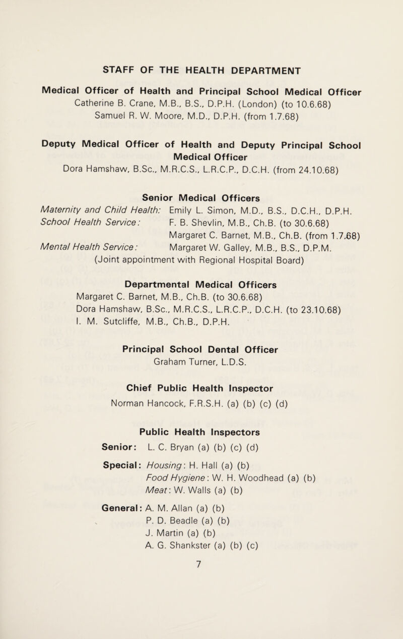 STAFF OF THE HEALTH DEPARTMENT Medical Officer of Health and Principal School Medical Officer Catherine B. Crane, M.B., B.S., D.P.H. (London) (to 10.6.68) Samuel R. W. Moore, M.D., D.P.H. (from 1.7.68) Deputy Medical Officer of Health and Deputy Principal School Medical Officer Dora Hamshaw, B.Sc., M.R.C.S., L.R.C.P., D.C.H. (from 24.10.68) Senior Medical Officers Maternity and Child Health: Emily L. Simon, M.D., B.S., D.C.H., D.P.H. School Health Service: F. B. Shevlin, M.B., Ch.B. (to 30.6.68) Margaret C. Barnet, M.B., Ch.B. (from 1.7,68) Mental Health Service: Margaret W. Galley, M.B., B.S., D.P.M. (Joint appointment with Regional Hospital Board) Departmental Medical Officers Margaret C. Barnet, M.B., Ch.B. (to 30.6.68) Dora Hamshaw, B.Sc., M.R.C.S., L.R.C.P., D.C.H. (to 23.10.68) I. M. Sutcliffe, M.B., Ch.B., D.P.H. Principal School Dental Officer Graham Turner, L.D.S. Chief Public Health Inspector Norman Hancock, F.R.S.H. (a) (b) (c) (d) Public Health Inspectors Senior: L. C. Bryan (a) (b) (c) (d) Special: Housing: H. Hall (a) (b) Food Hygiene: W. H. Woodhead (a) (b) Meat: W. Walls (a) (b) General: A. M. Allan (a) (b) N P. D. Beadle (a) (b) J. Martin (a) (b) A. G. Shankster (a) (b) (c)